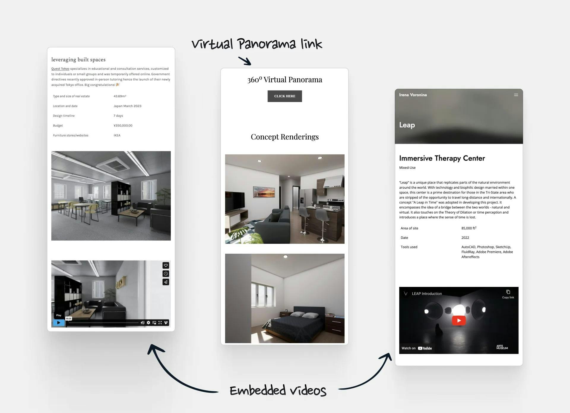 Three mobile views of portfolios that showcased panorama views or videos of projects