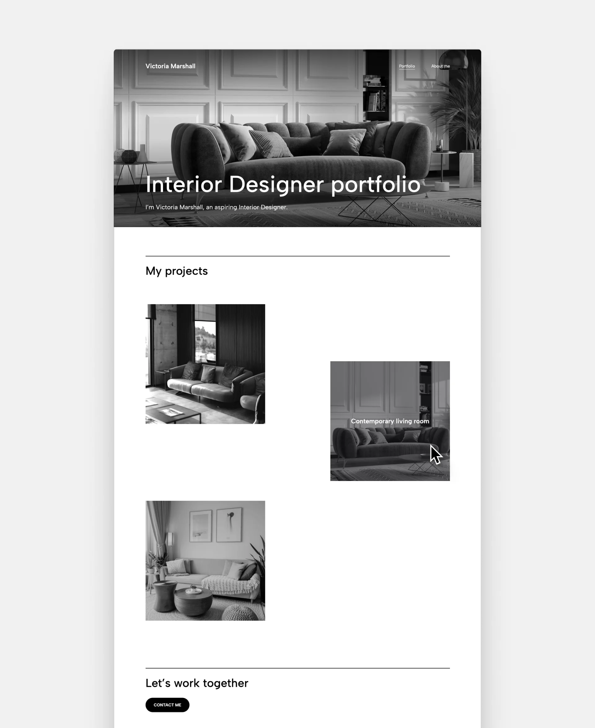 A black-and-white interior design portfolio example, with the project thumbnails being asymmetrical, while still having visual balance