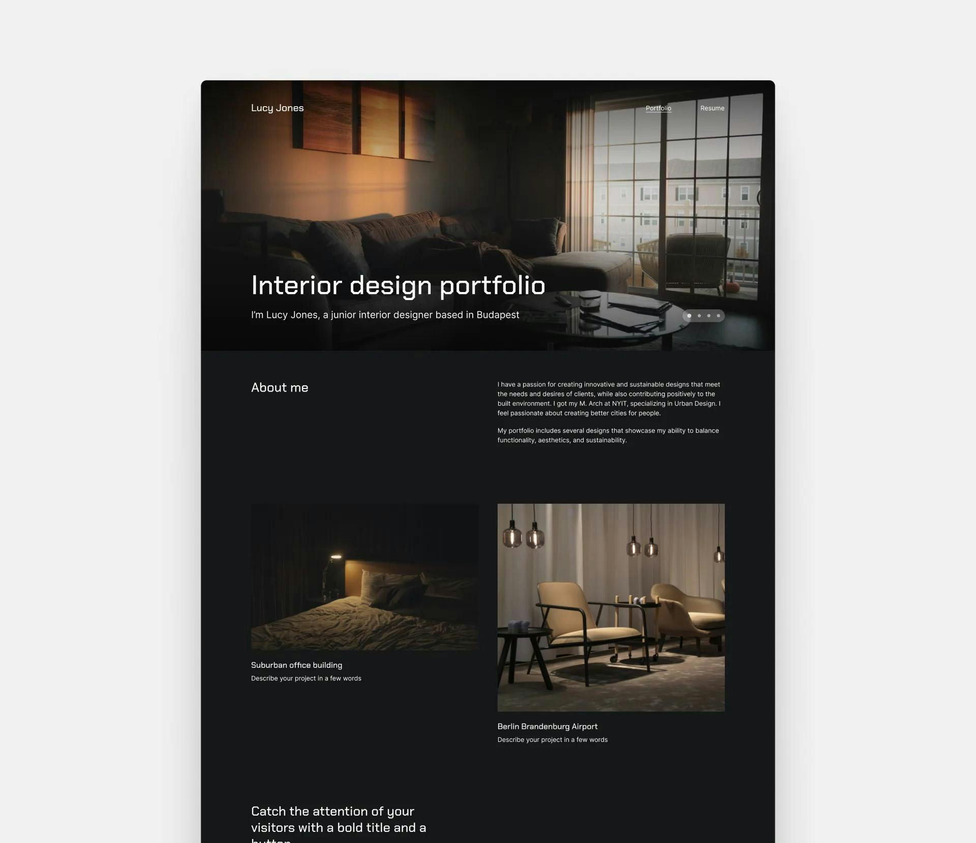 Screenshot of an interior design website template on a gray background. The template has a large hero image and a dark color palette with an edgy font