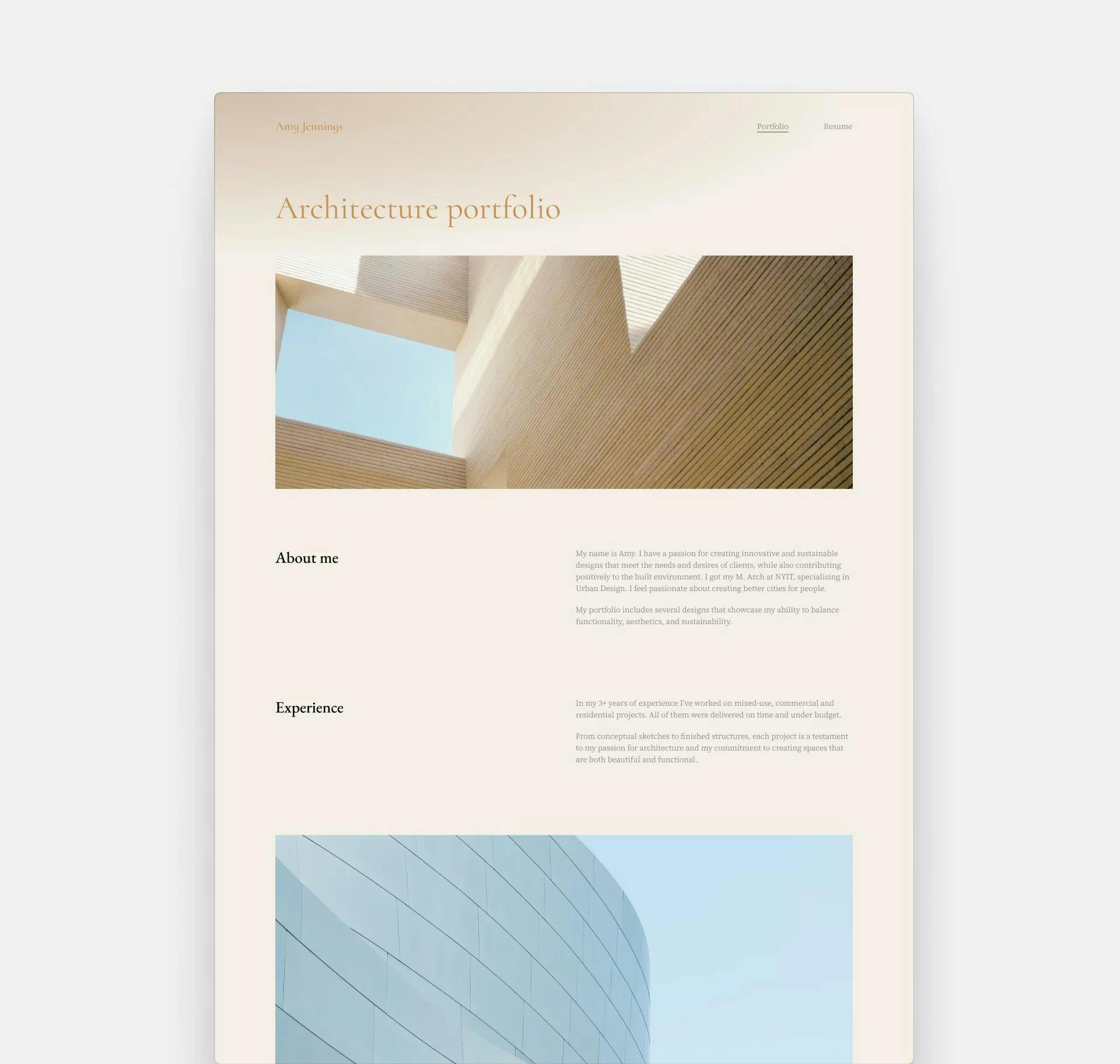 A desktop screenshot of Beaux, an architecture portfolio template by Archifolio