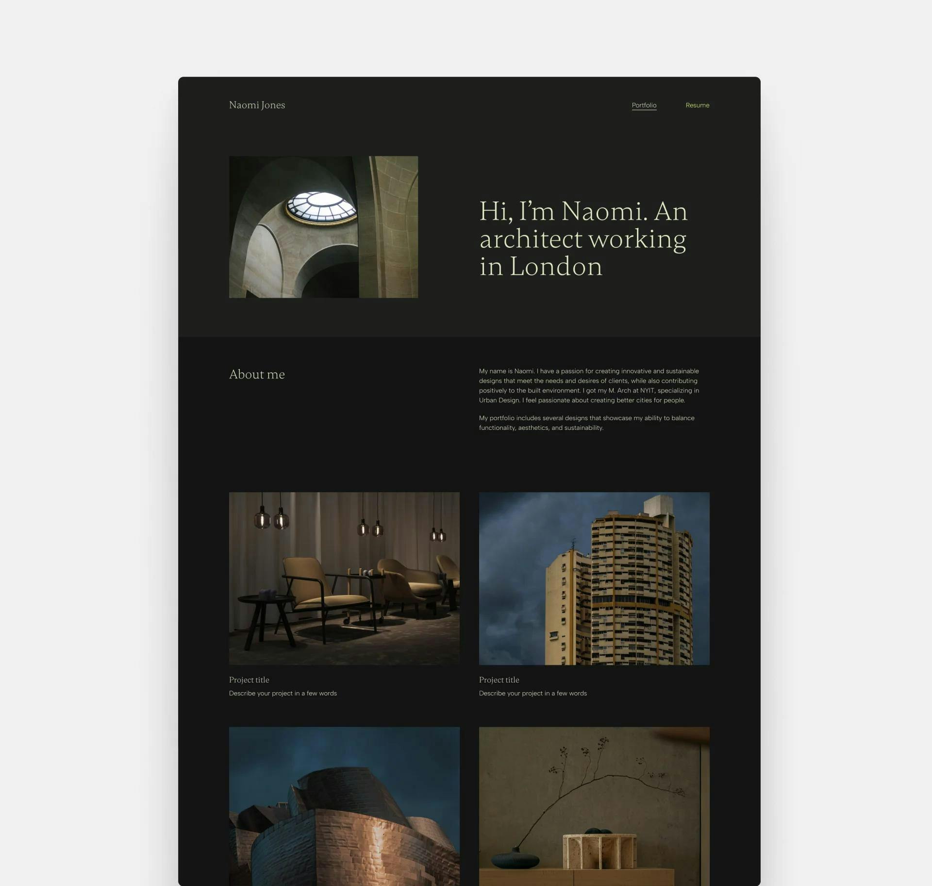 A desktop screenshot of Classica, an architecture portfolio template by Archifolio