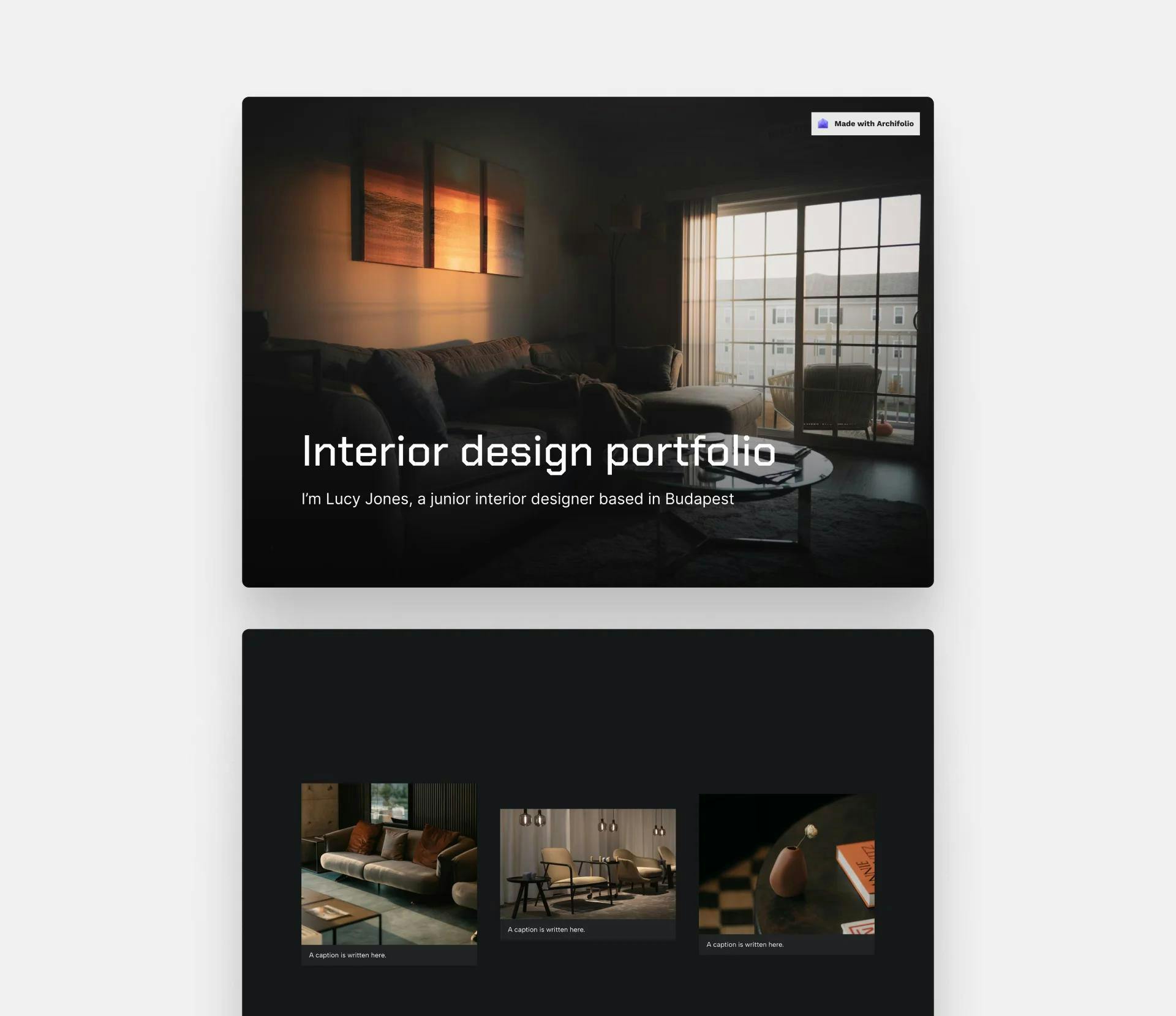 A preview of two pages of the Museum template exported as a PDF. The pages have a dark background and moody images of interiors.