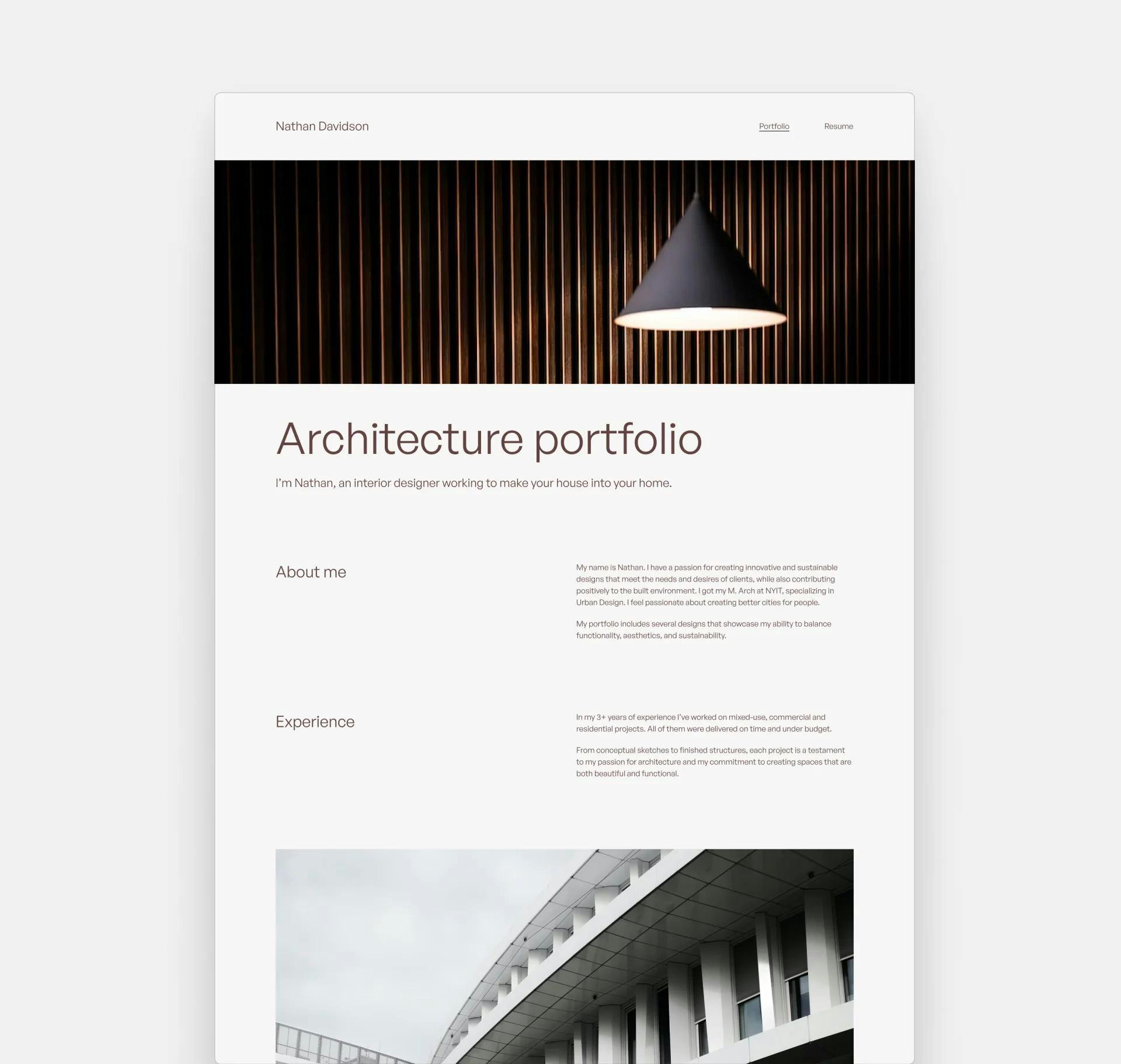 A desktop screenshot of Neue, an architecture portfolio template by Archifolio