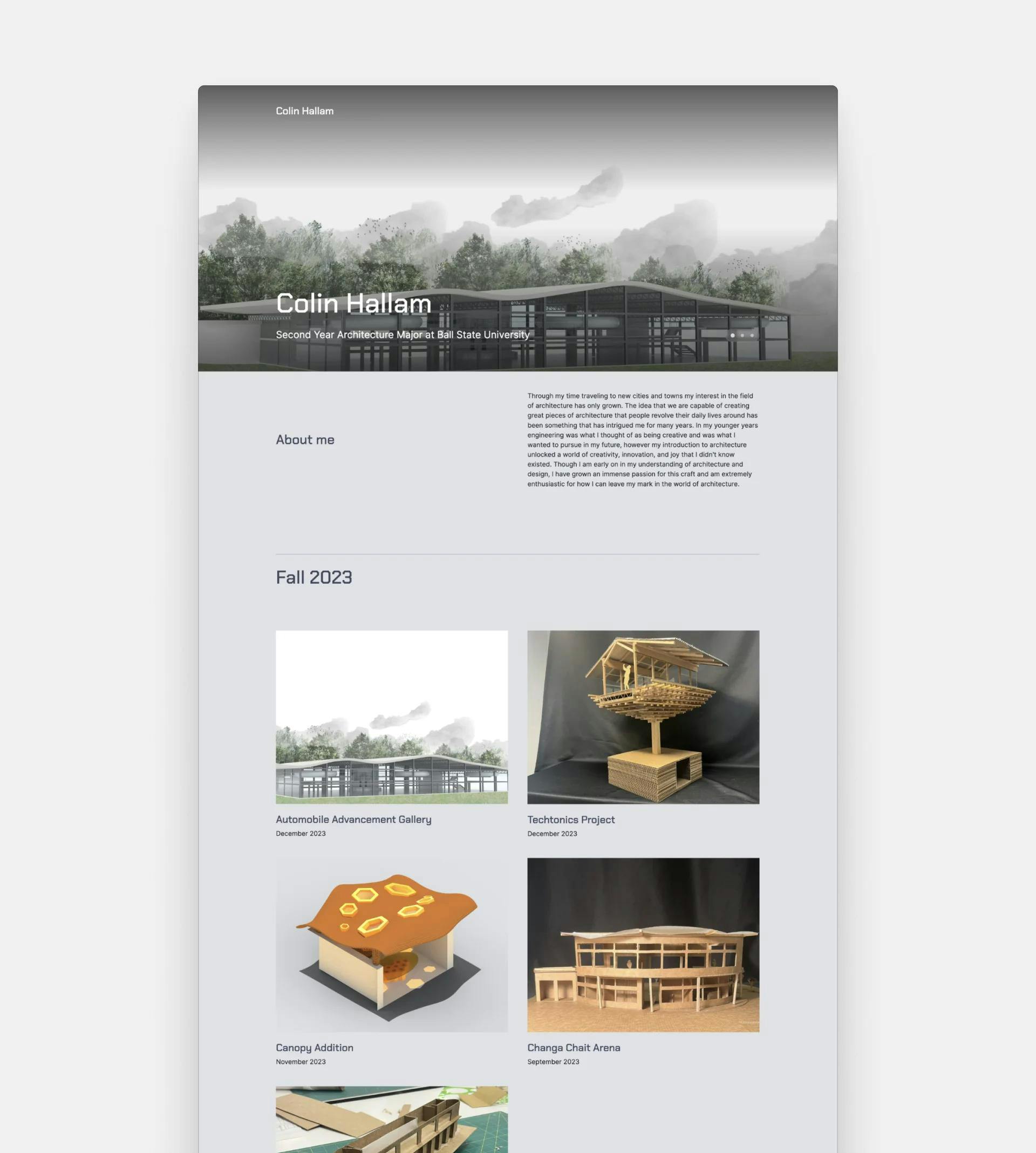 Screenshot of Colin Hallam's undergraduate architecture portfolio website with a grey background