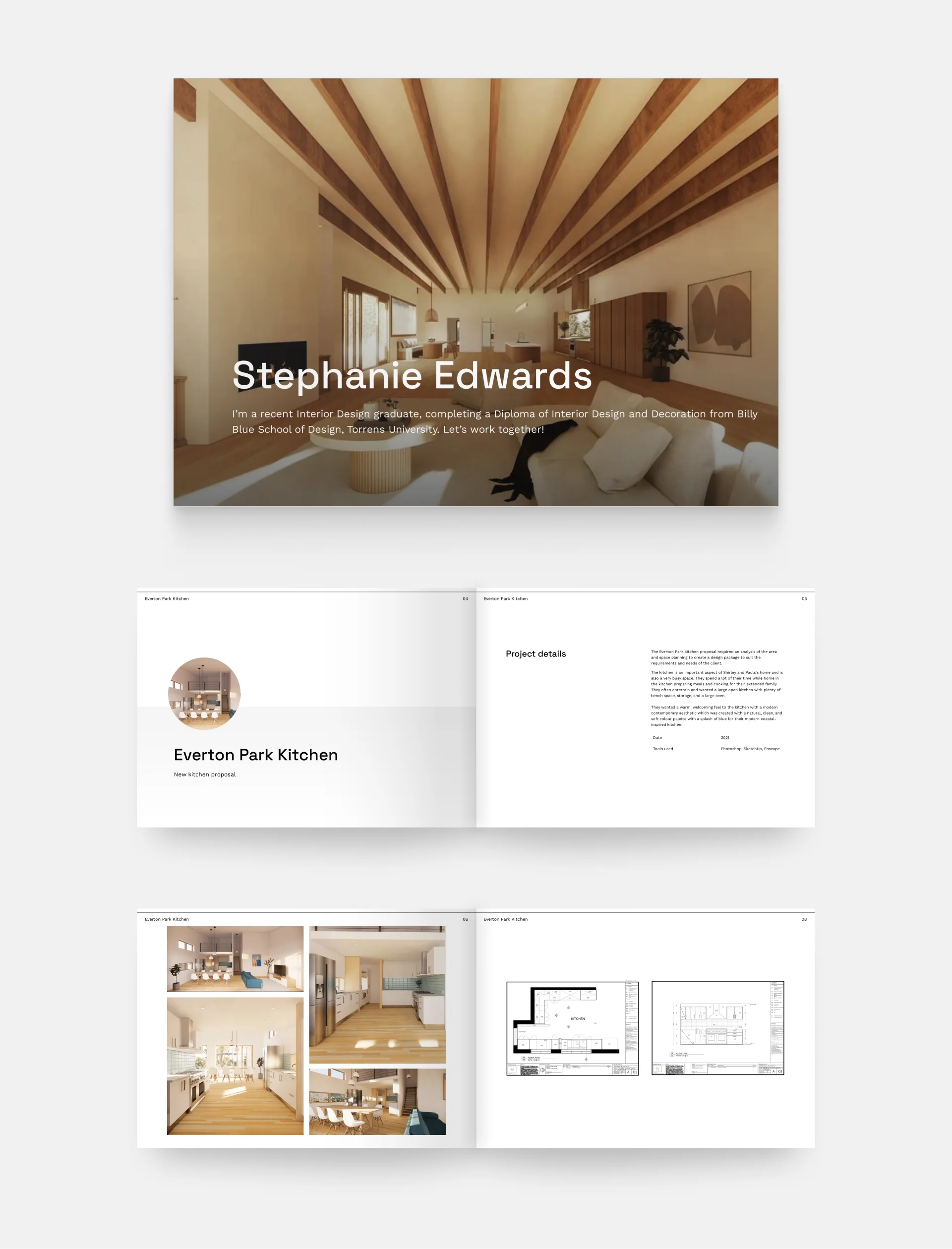 Screenshot of the PDF interior design portfolio cover, and then 4 more pages from Stepheni's project pages