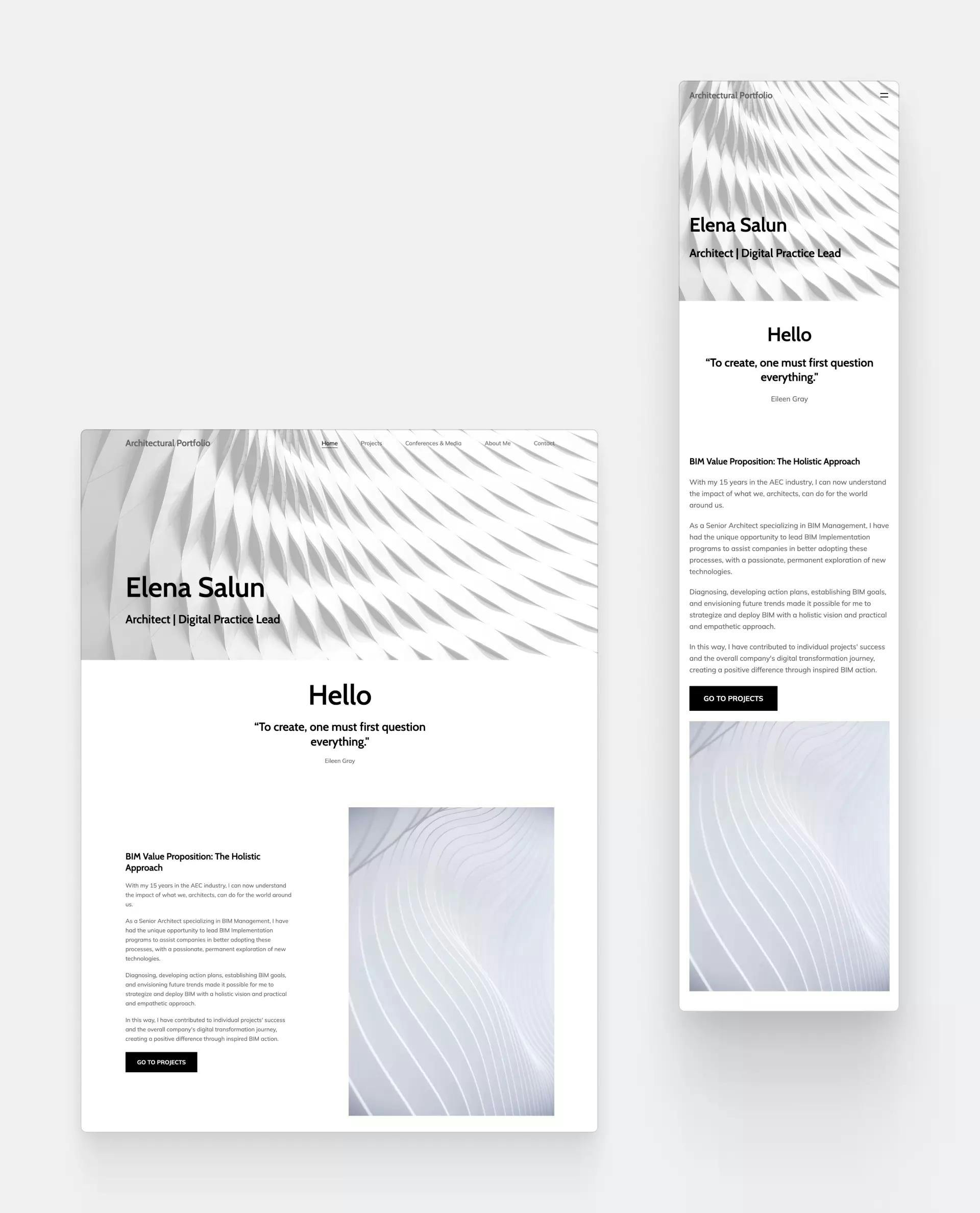 Elena Salun's architecture website design. A desktop and a mobile view next to one another