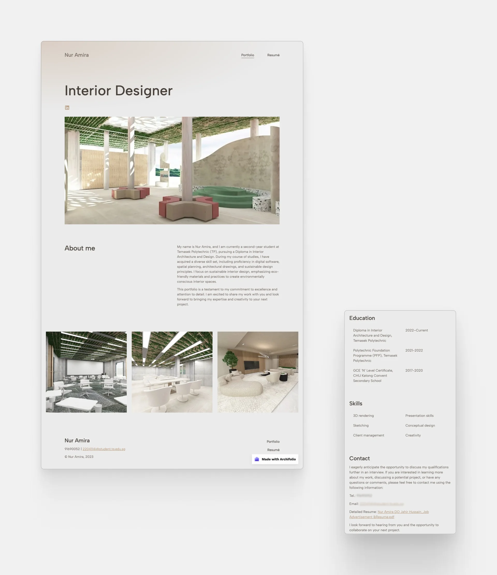 Mobile and desktop screenshots from Nur Amira's interior design portfolio