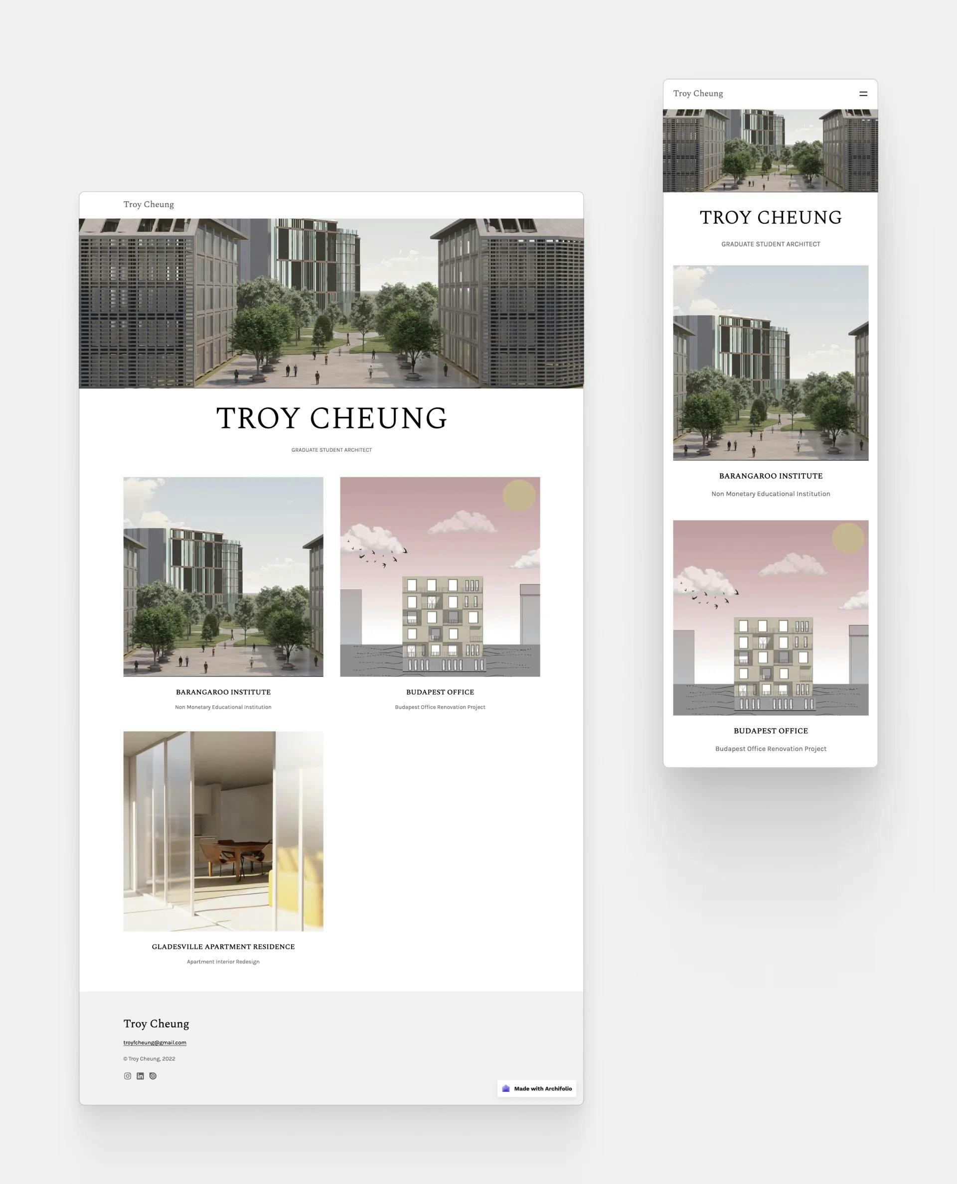 Portfolio cover page by Troy Cheung, a website and a mobile screenshot next to each other