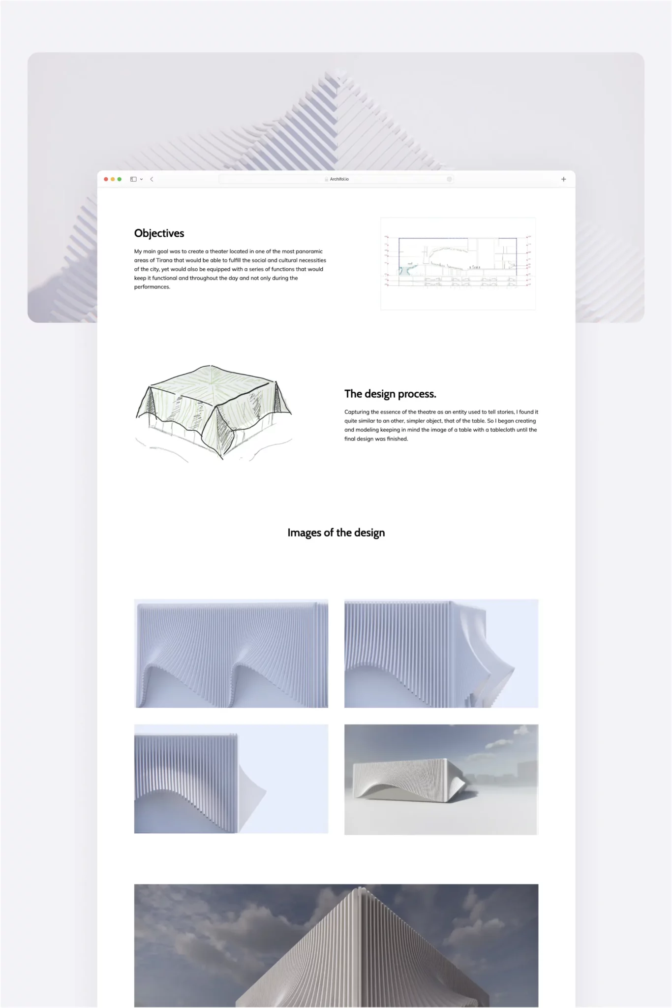 Samuel Kurti's portfolio. His website has a white background with some colored imagery. He writes about his objectives and his design process before showcasing his architectural designs.