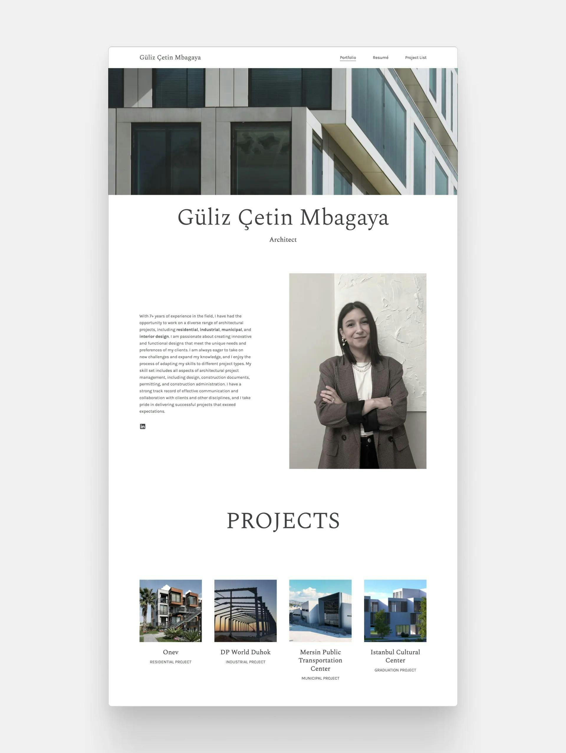 Rolling screenshot of Güliz Çetin Mbagaya's architecture website with a large hero image of a skyscraper facade
