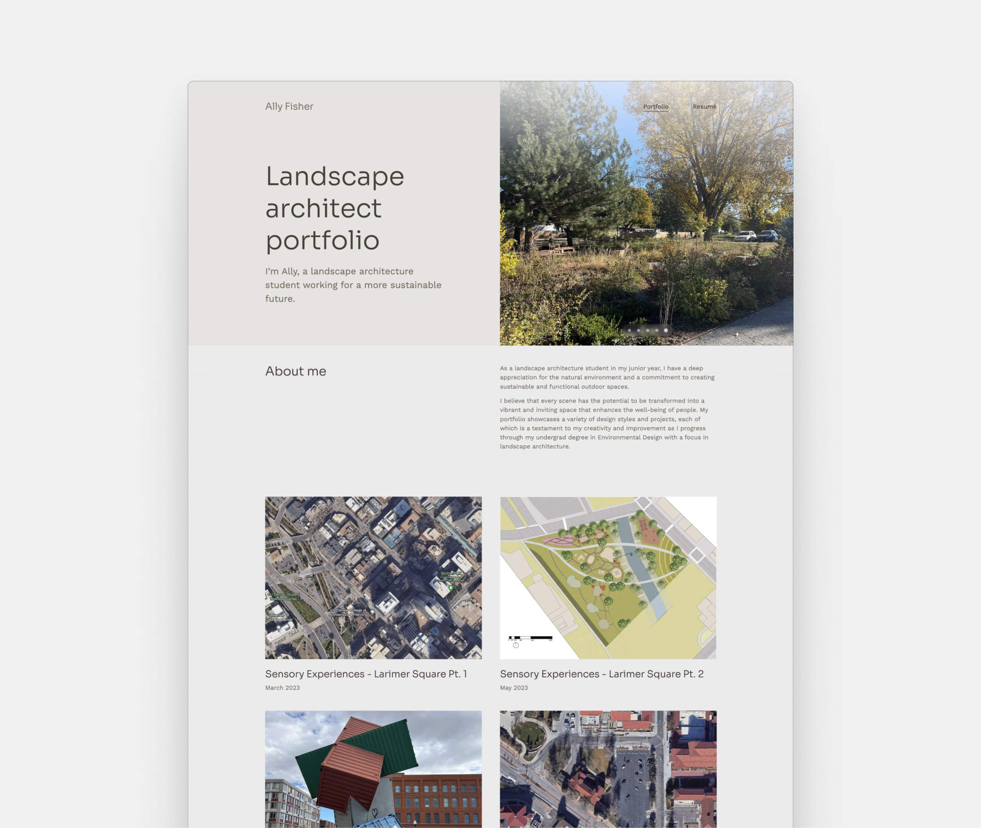 Screenshot of the landscape architect portfolio by Ally Fisher