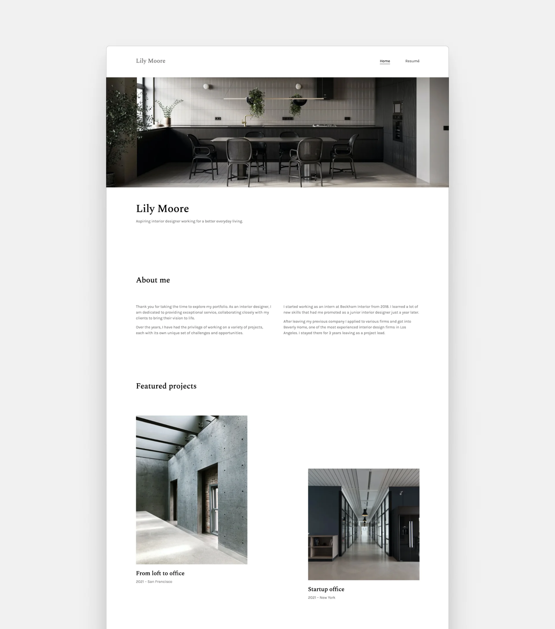 screenshot of Lily Moore's portfolio, which is a mock portfolio created with Archifolio