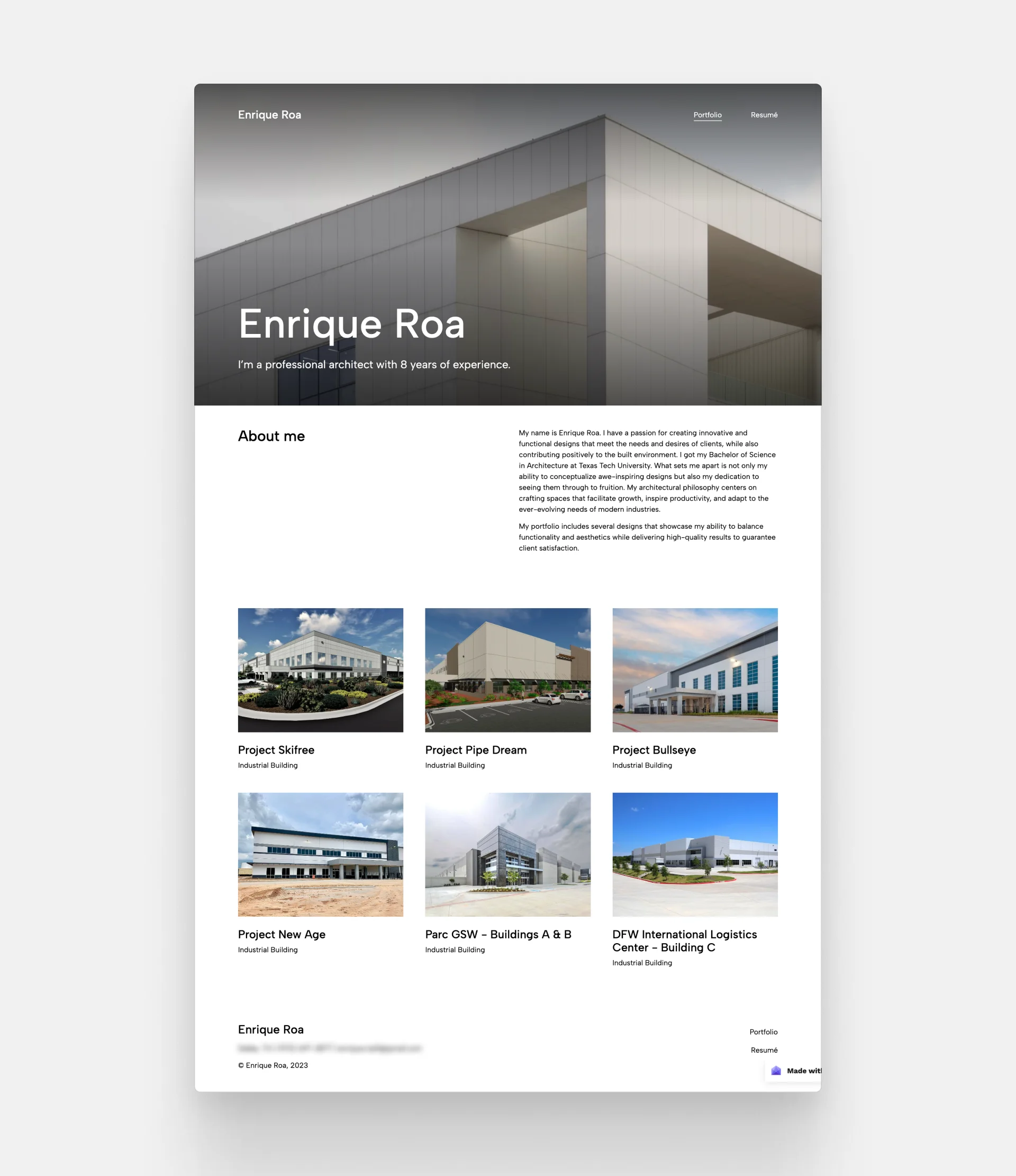 Screenshot of Enrique Roa's portfolio website