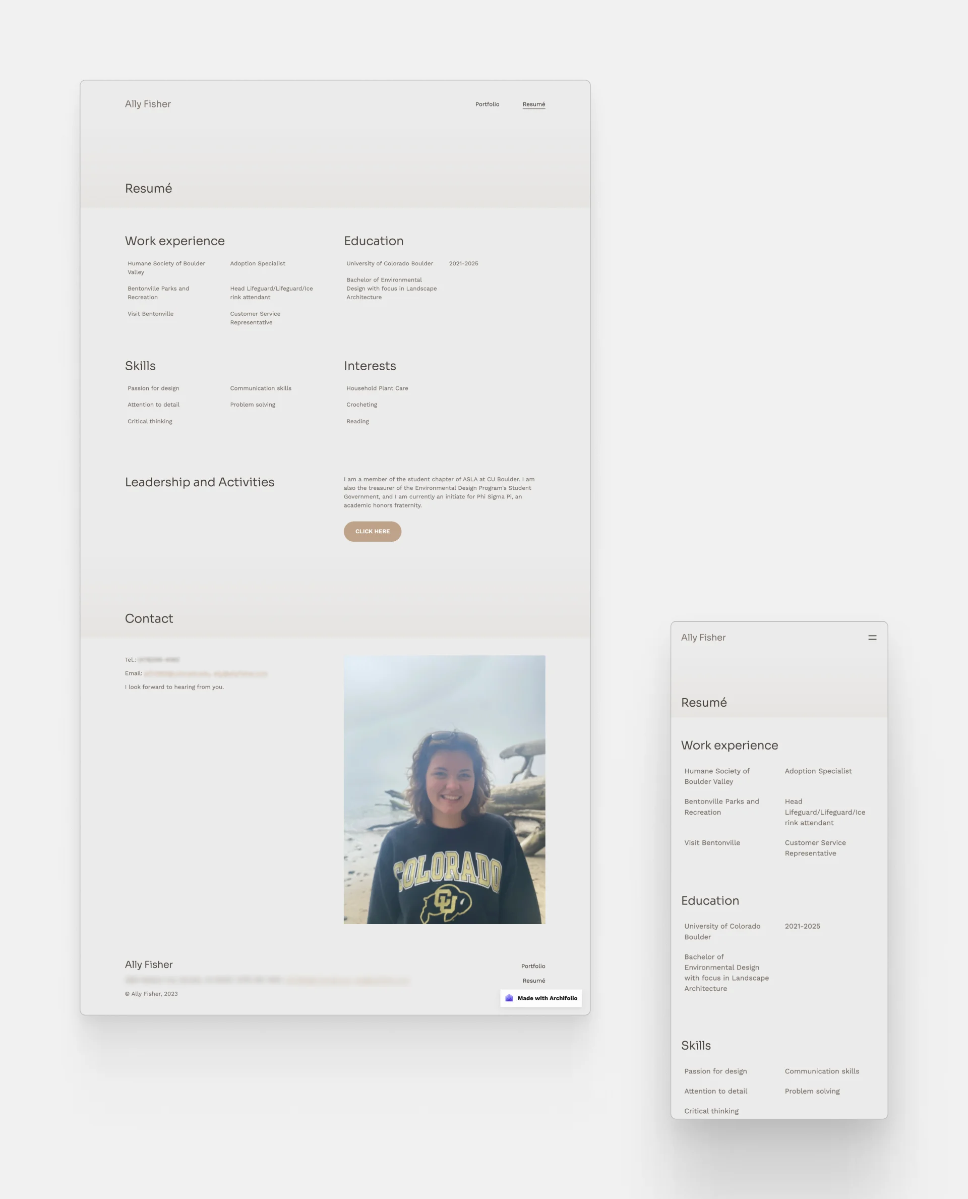 Screenshots of the desktop and mobile view of Ally Fisher's resume in her online portfolio