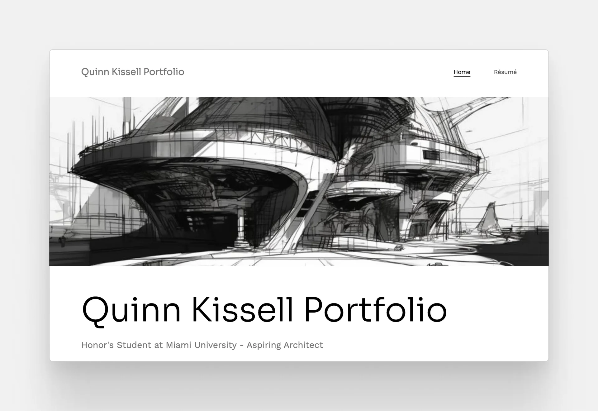 A screenshot over a grey background. The screenshot is of the architecture portfolio of Quinn Kisell, with a black and white architectural drawing on top of the page