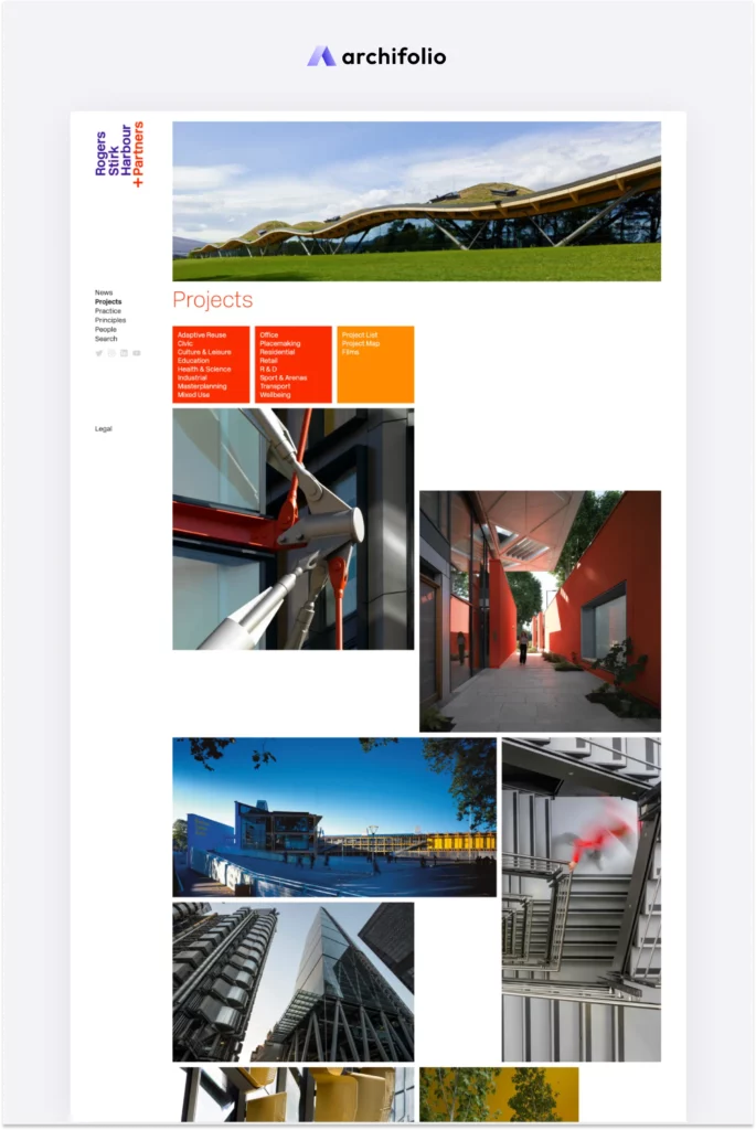 Screenshot of the architecture website of Rogers Stirk Harbour + Partners