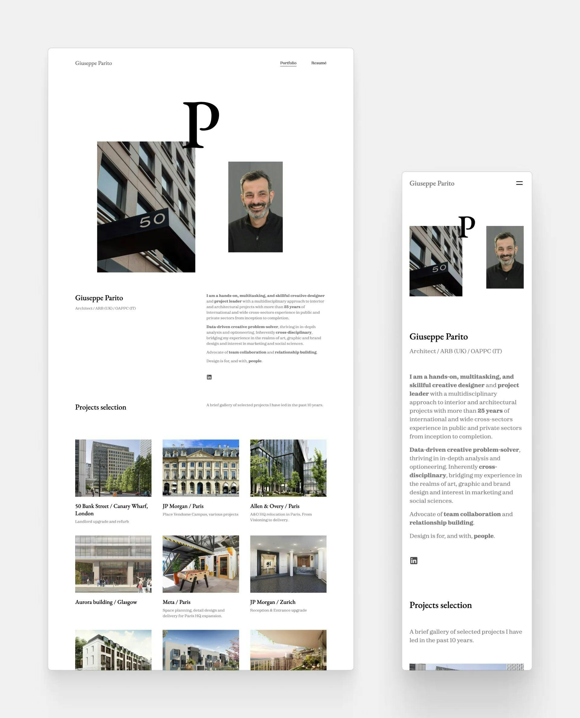 Desktop and mobile screenshots of Giuseppe Parito's outstanding portfolio website. The hero is just his initial and two images in an offset layout—one of his best project, and another one of himself, giving the portfolio a personal touch.