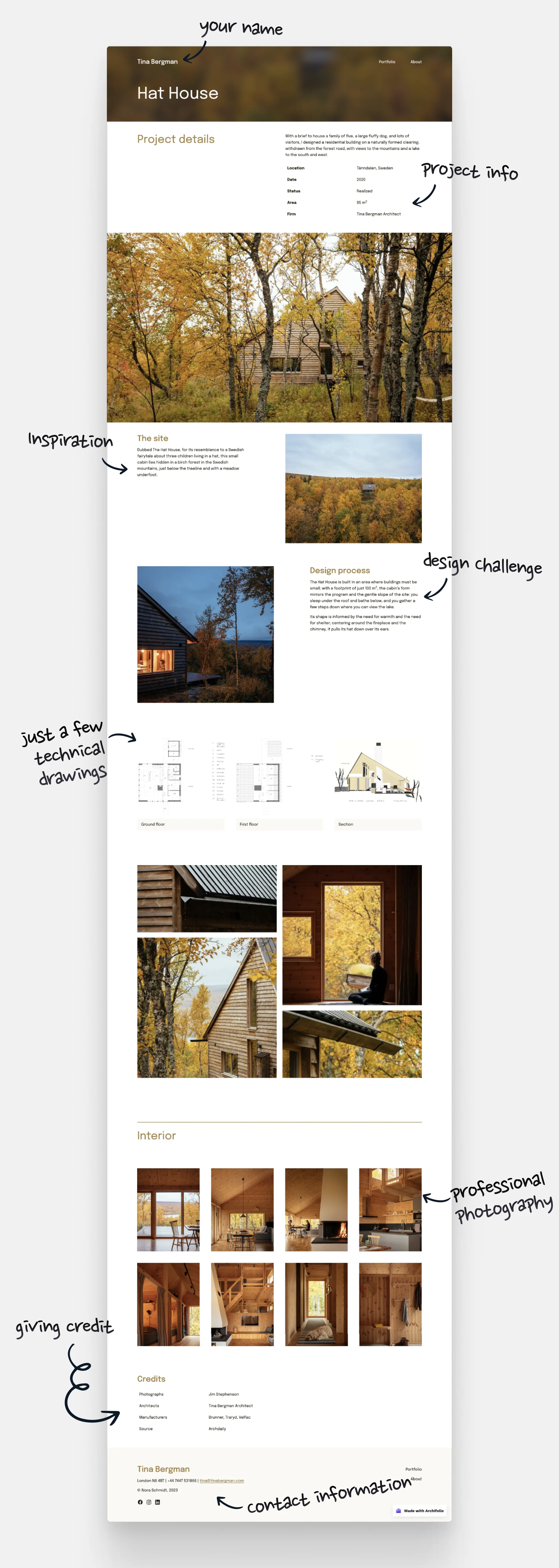 A screenshot of a residential architecture portfolio's project page with project images containing a lot of yellowish colors