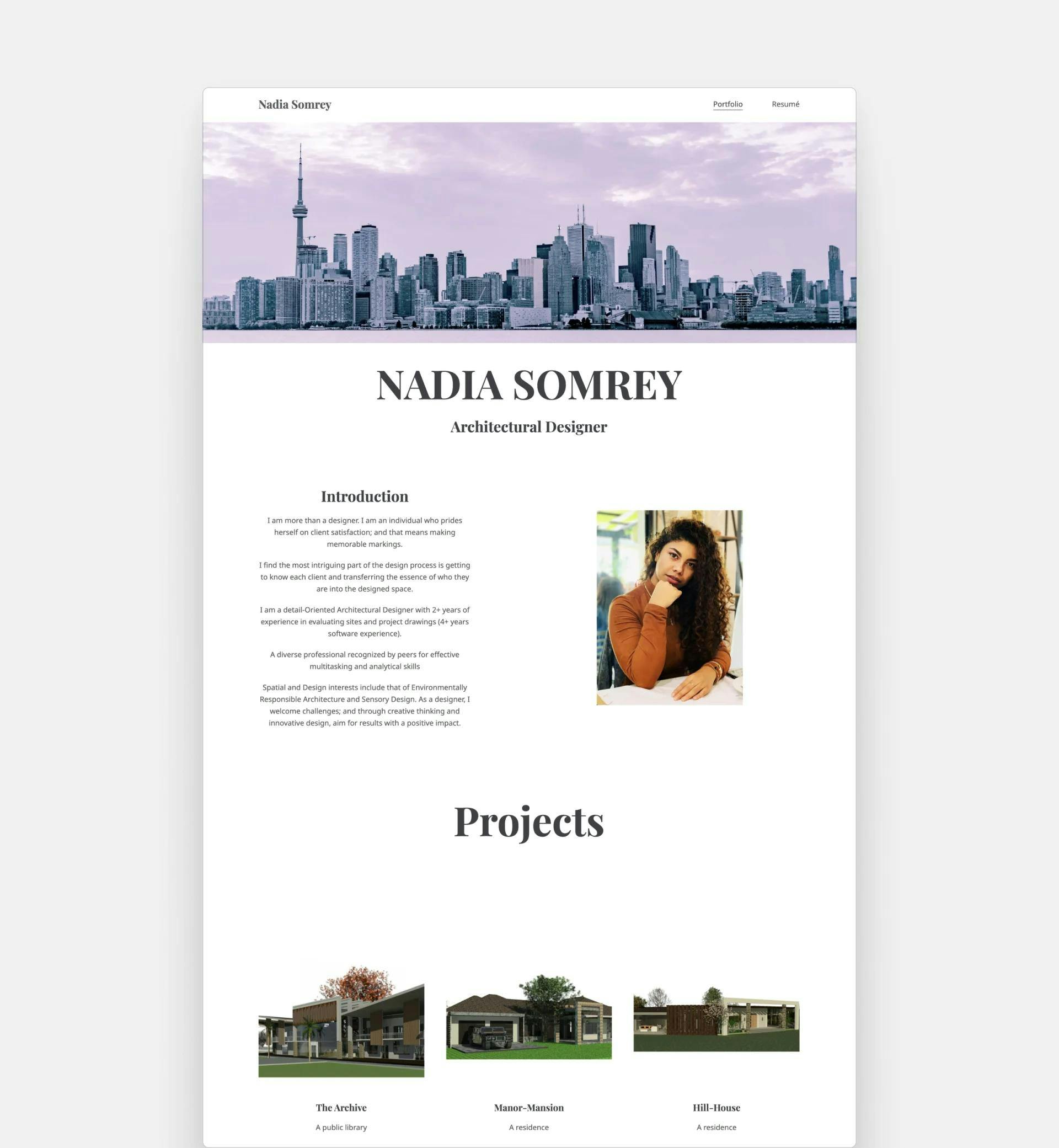 screenshot of Nadia Somrey's portfolio website layout