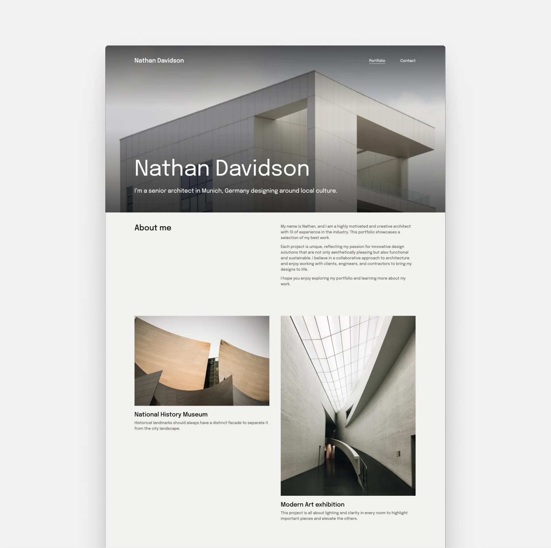 An architecture portfolio with a large hero image on the top.