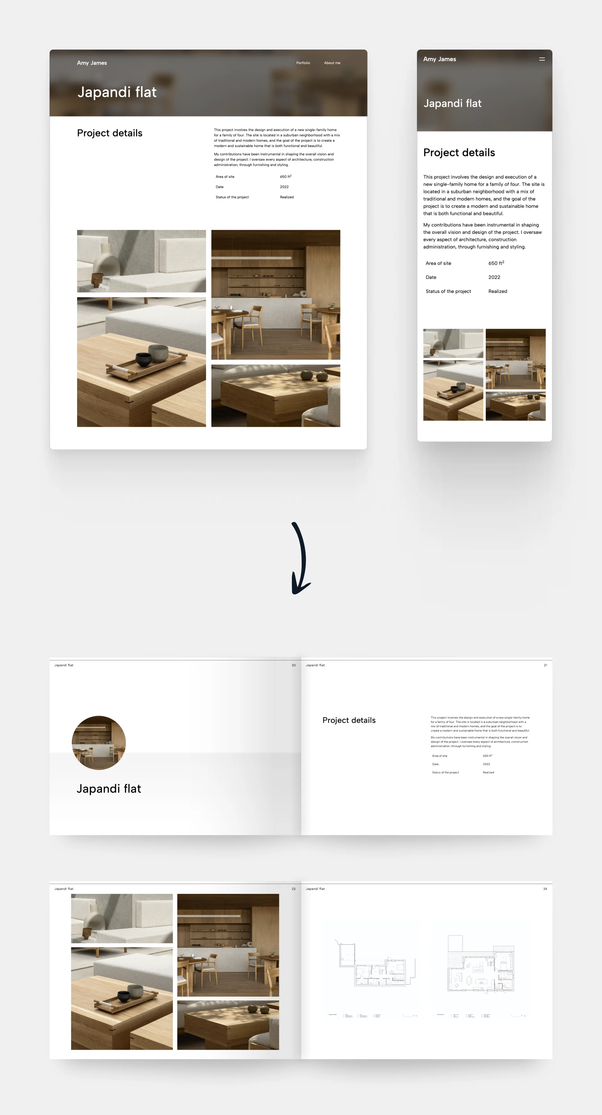 An interior design project example in desktop, mobile, and PDF view.