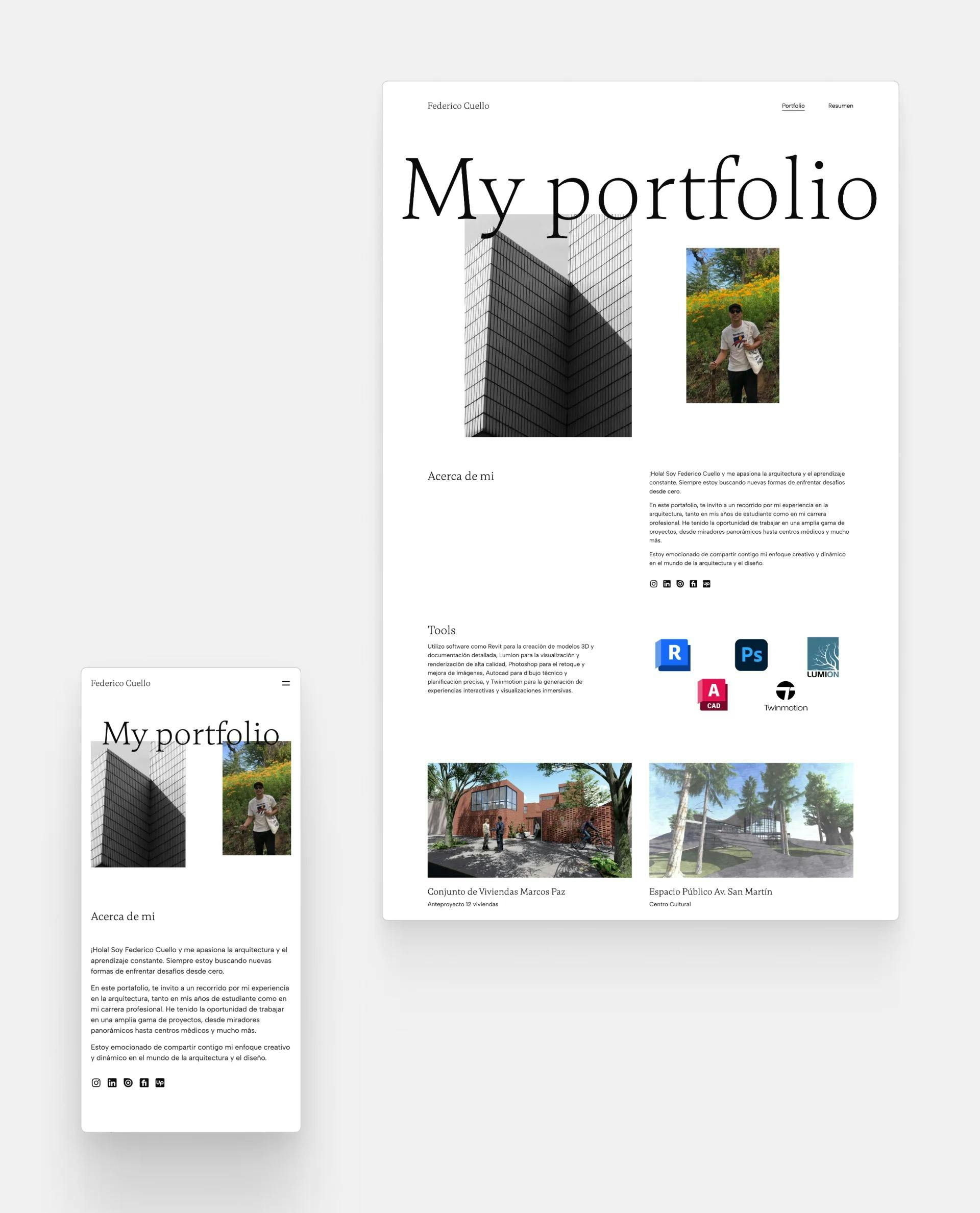Screenshot of Frederico Cuello's portfolio website over a gray background