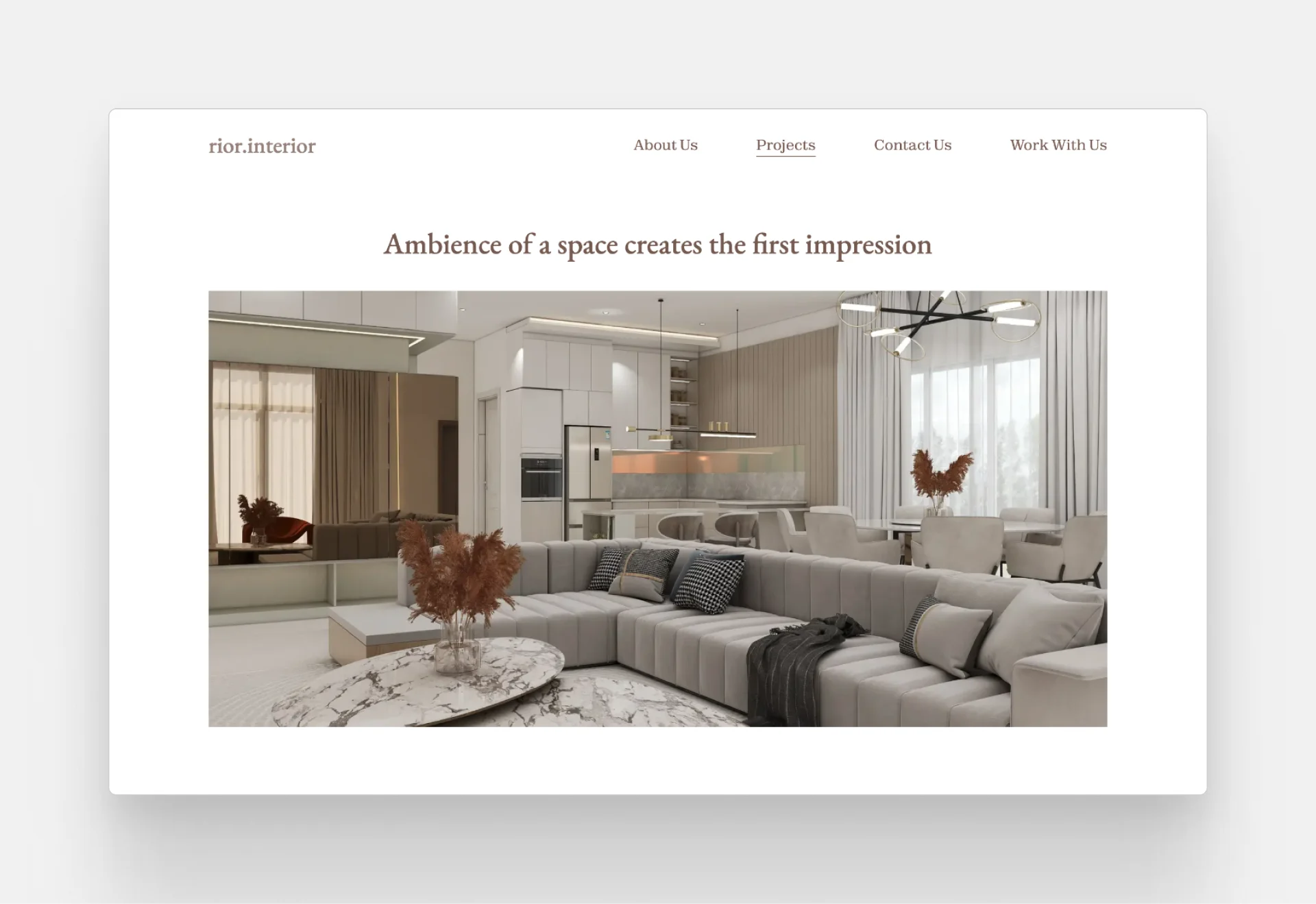 screenshot of Rior Interior's portfolio website with an elegant interior as the hero image.