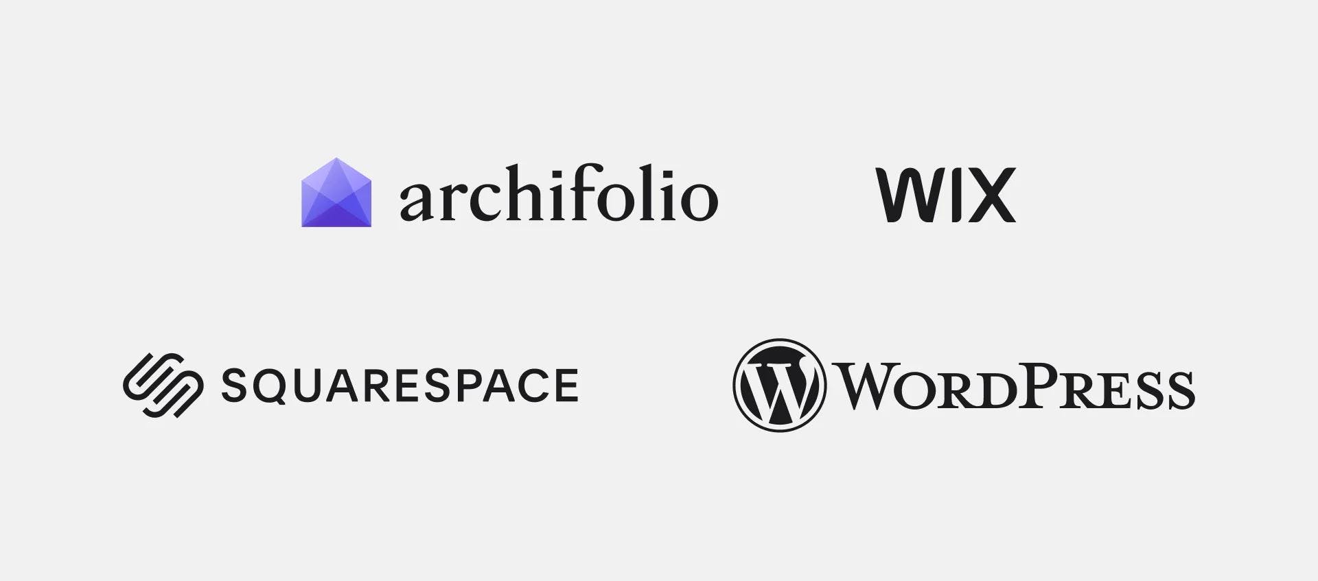 Logos of Archifolio, Wix, WordPress, and Squarespace