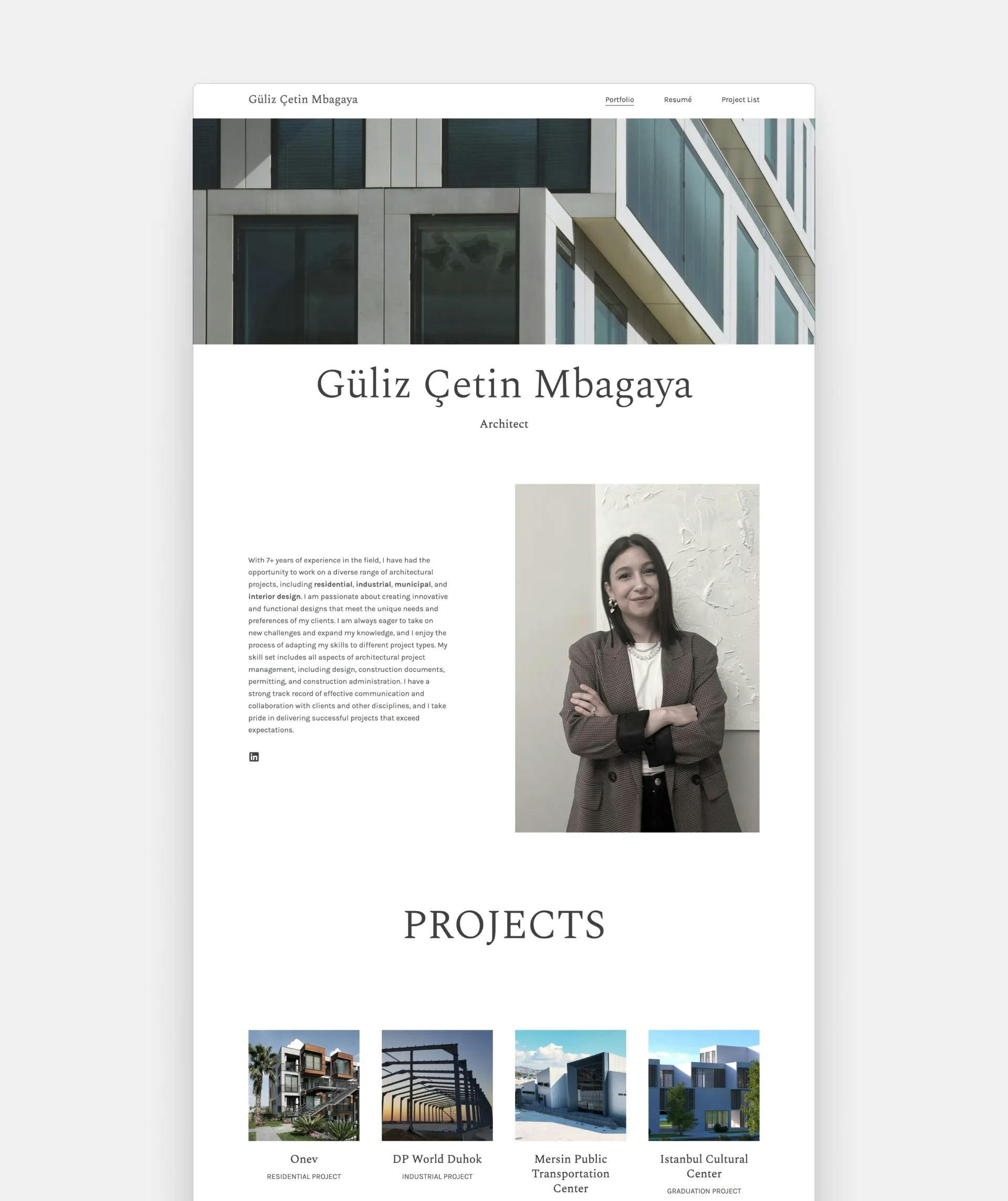 Screenshot Güliz Çetin Mbagaya's portfolio with a professional profile image and an impressive hero cover
