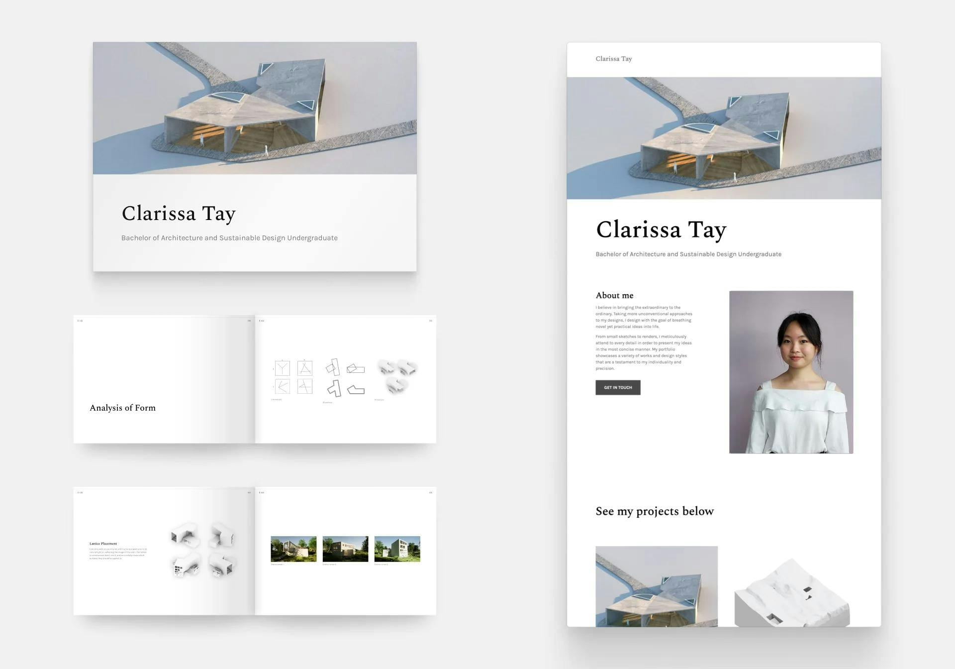 Two formats of the same portfolio by Clarissa Tay. She created her portfolio with Archifolio, which allowed her to create a website and a PDF at the same time.