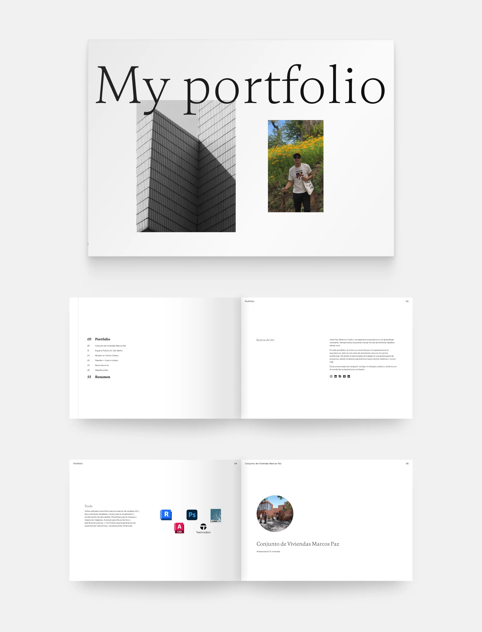 Five PDF pages from Federico Cuello's portfolio