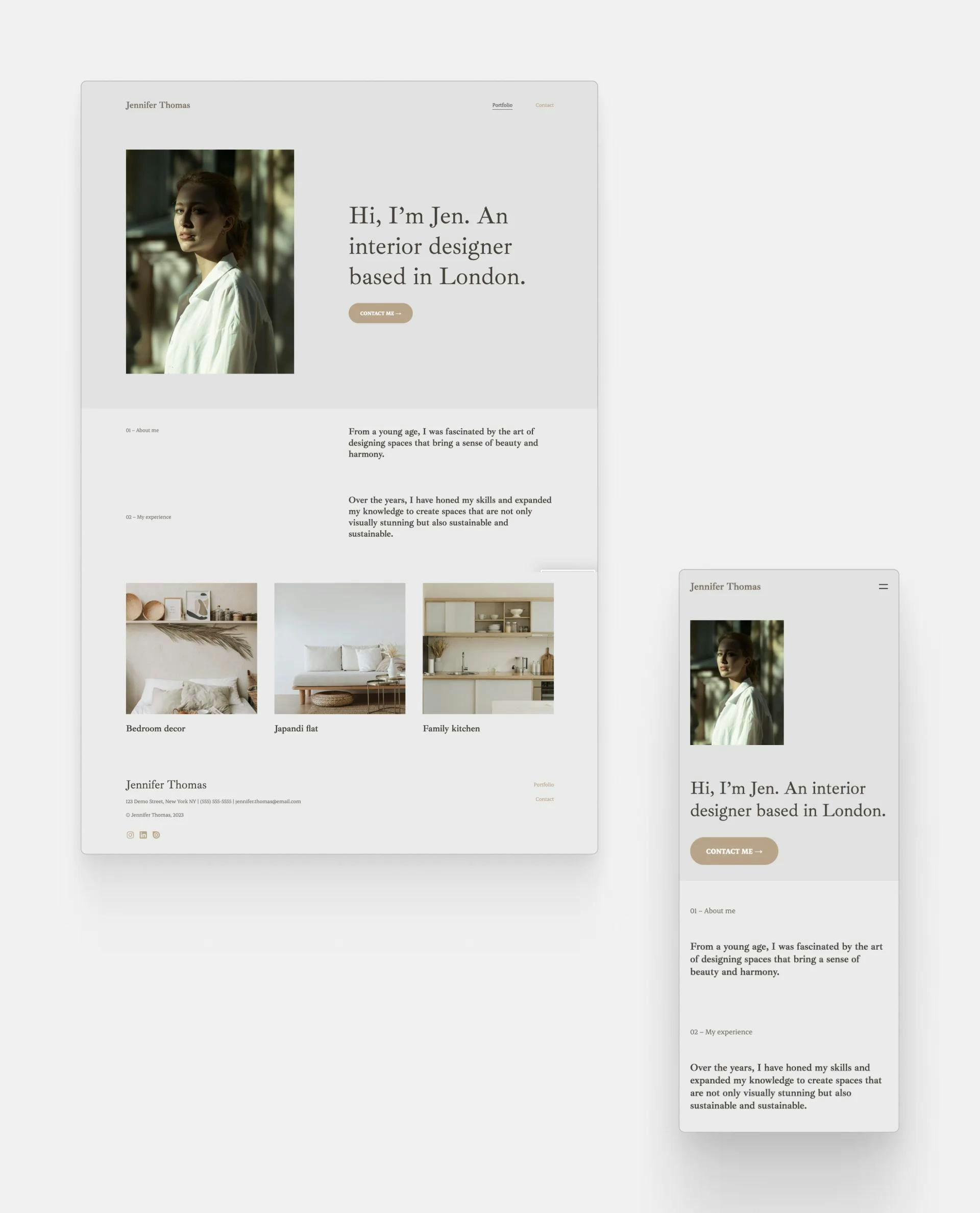 An interior design portfolio example with a gold&grey color palette in desktop and mobile view