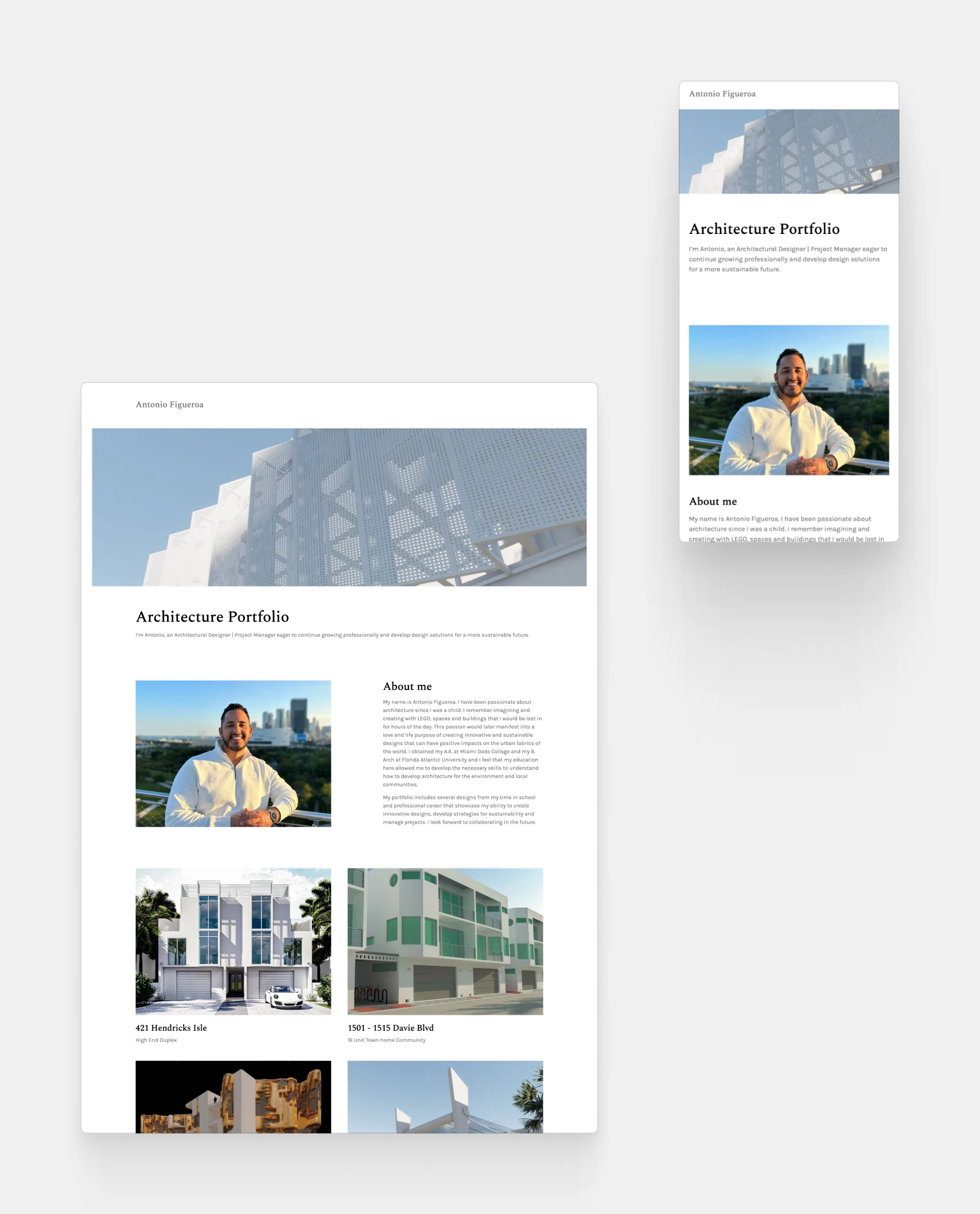 Screenshot of a desktop and mobile view of Antonio Figueroa's architecture website over a light gray background