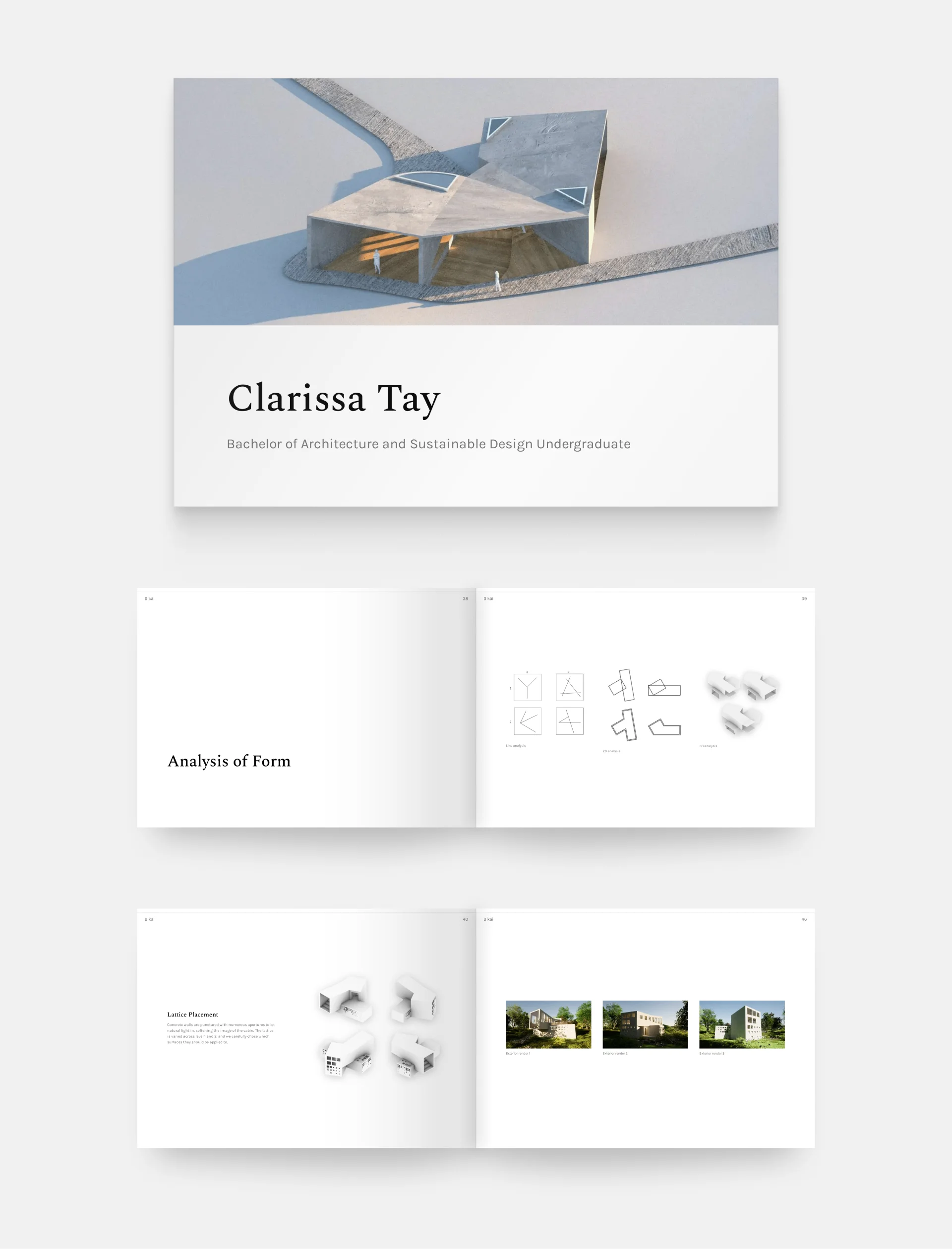 The PDF view of Clarissa Tay's architecture portfolio (from top to bottom: cover, projects, renders)