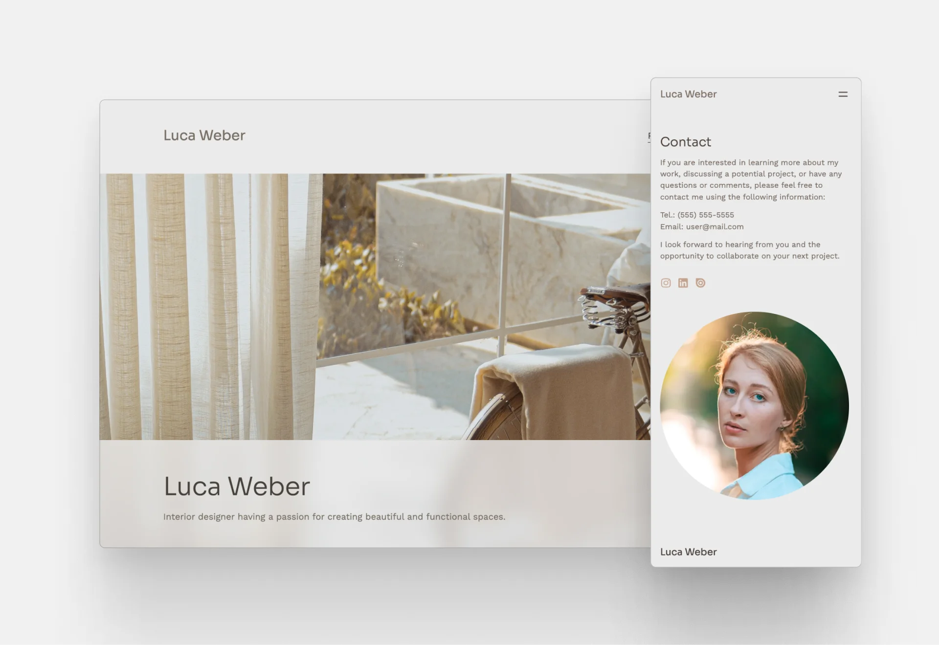 screenshots of the home and contact page from a mock portfolio created with Archifolio