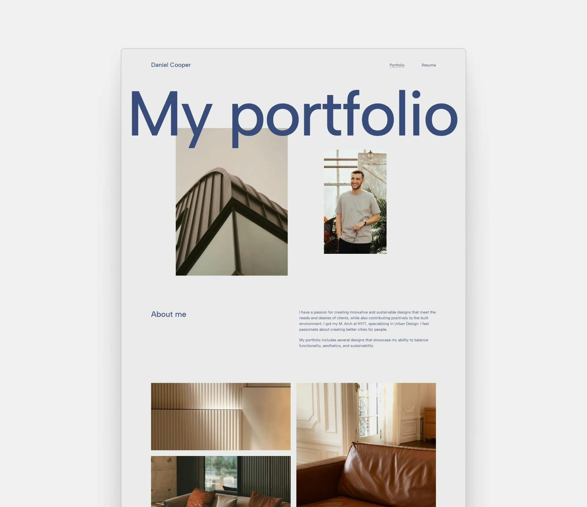Screenshot of an interior design website template on a gray background. The template has two smaller images above the fold and a big title saying "My portfolio".