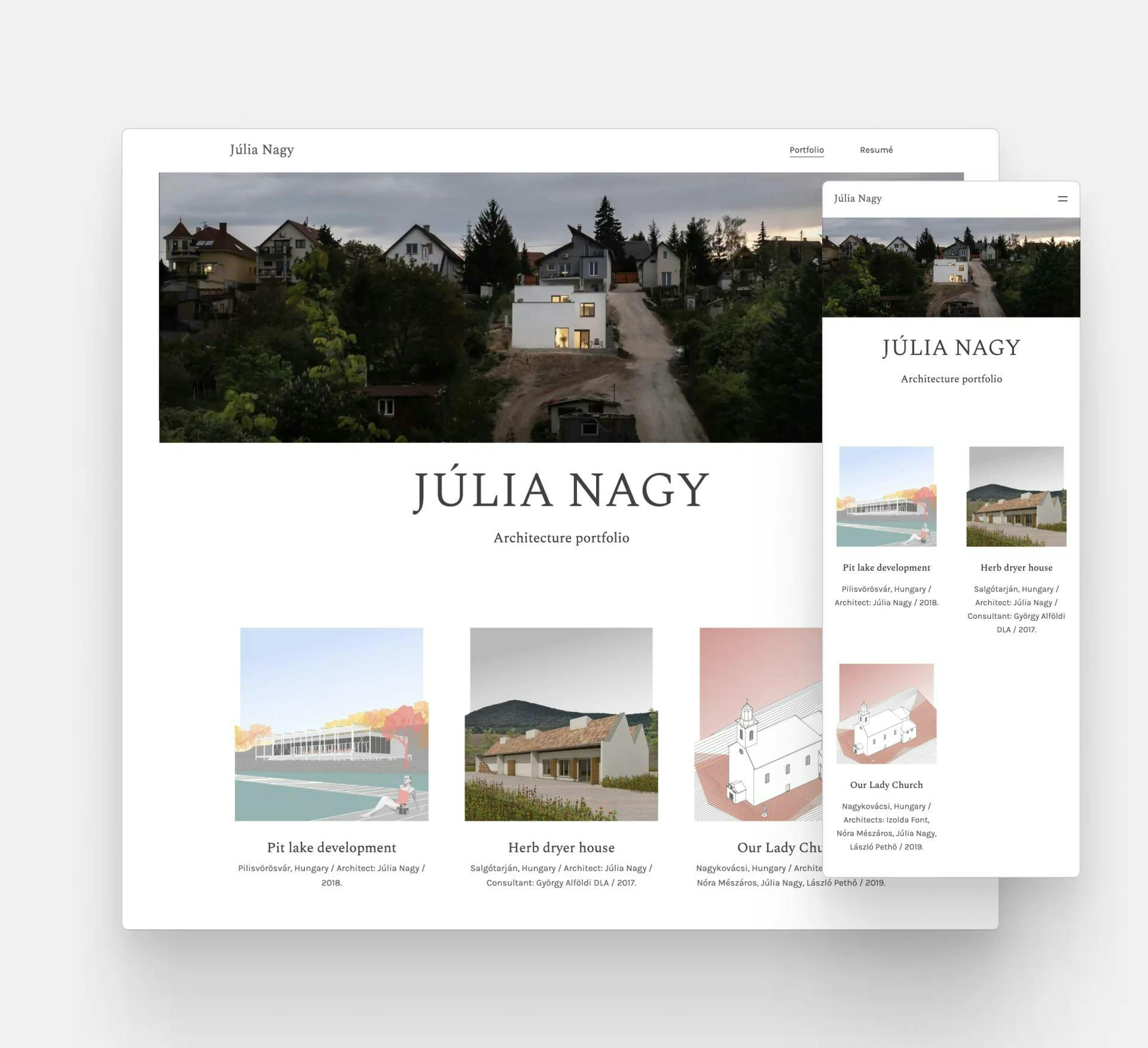 A website of Júlia Nagy's portfolio in a desktop and a mobile screenshot as well