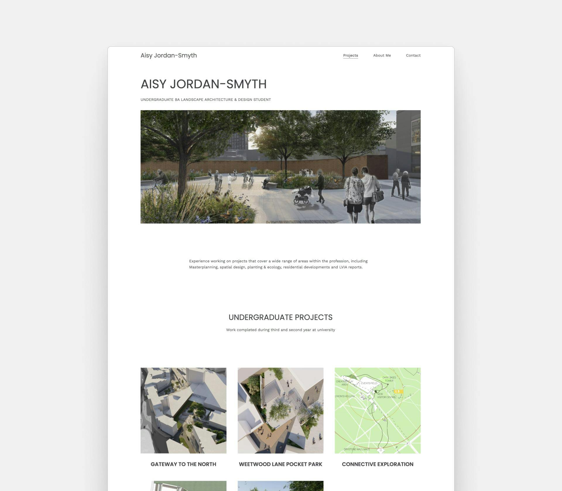 Aisy Jordan-Smyth's website. She has a white background with a hero image of one of her landscape architecture projects. Then she has a grid with her 5 projects.