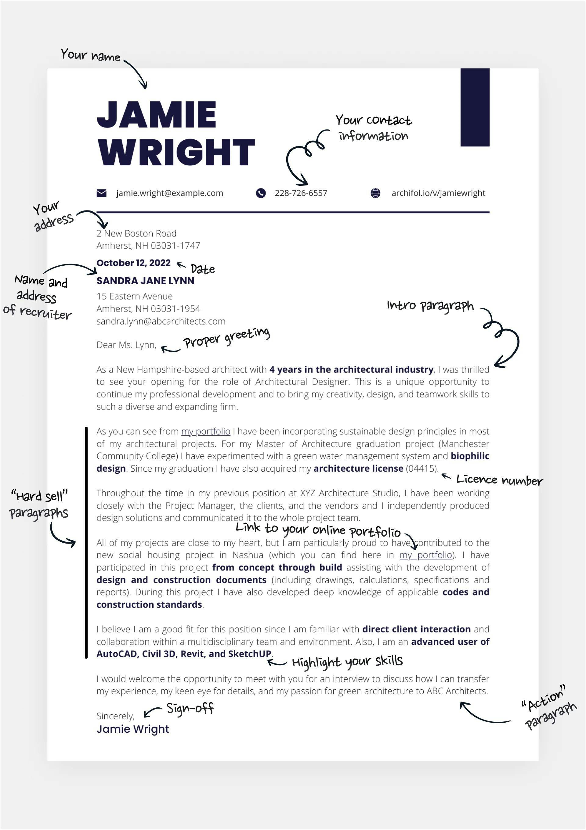 Architecture cover letter example with descriptions and explanation