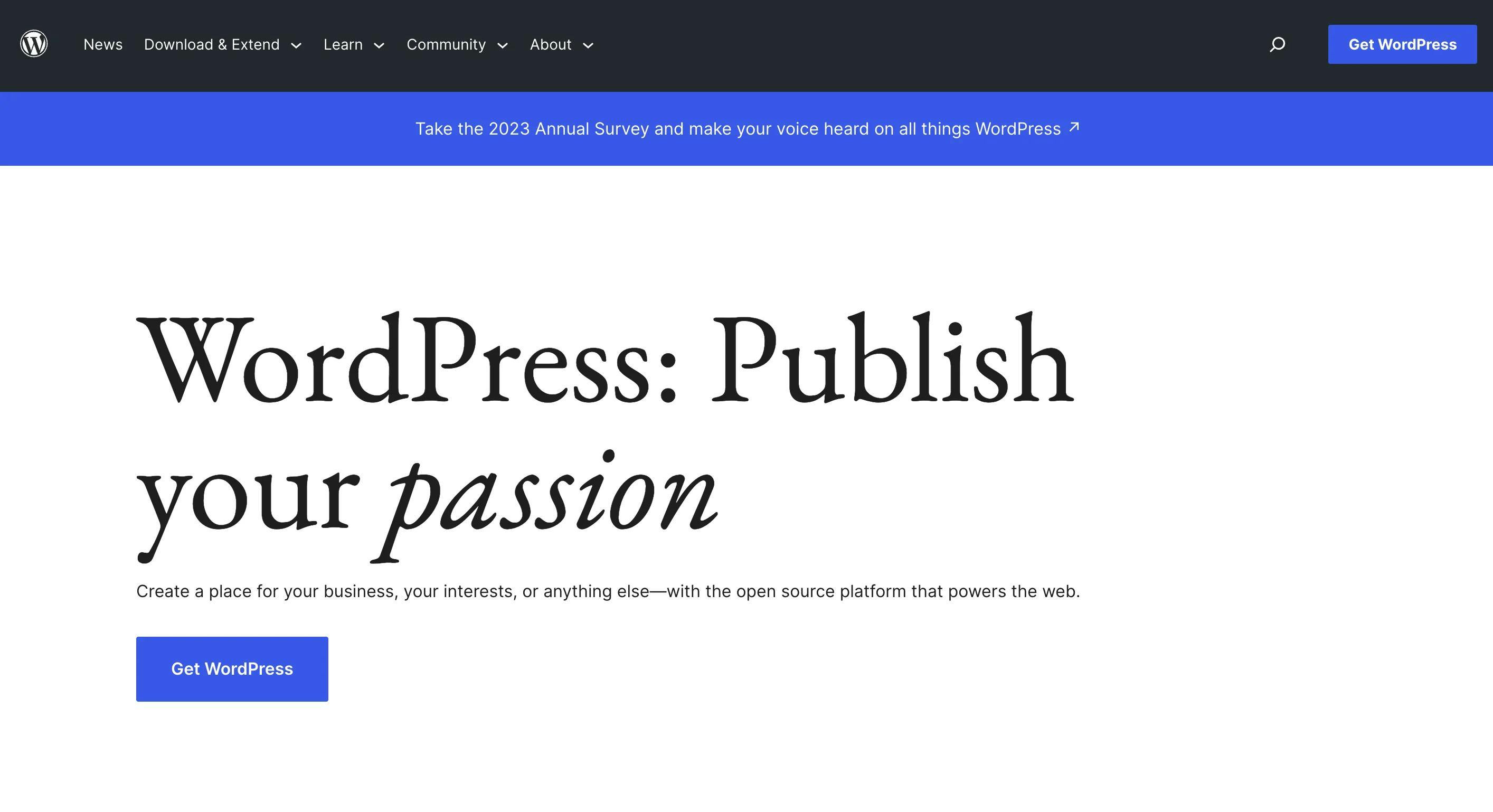 Screenshot of the main page of WordPress