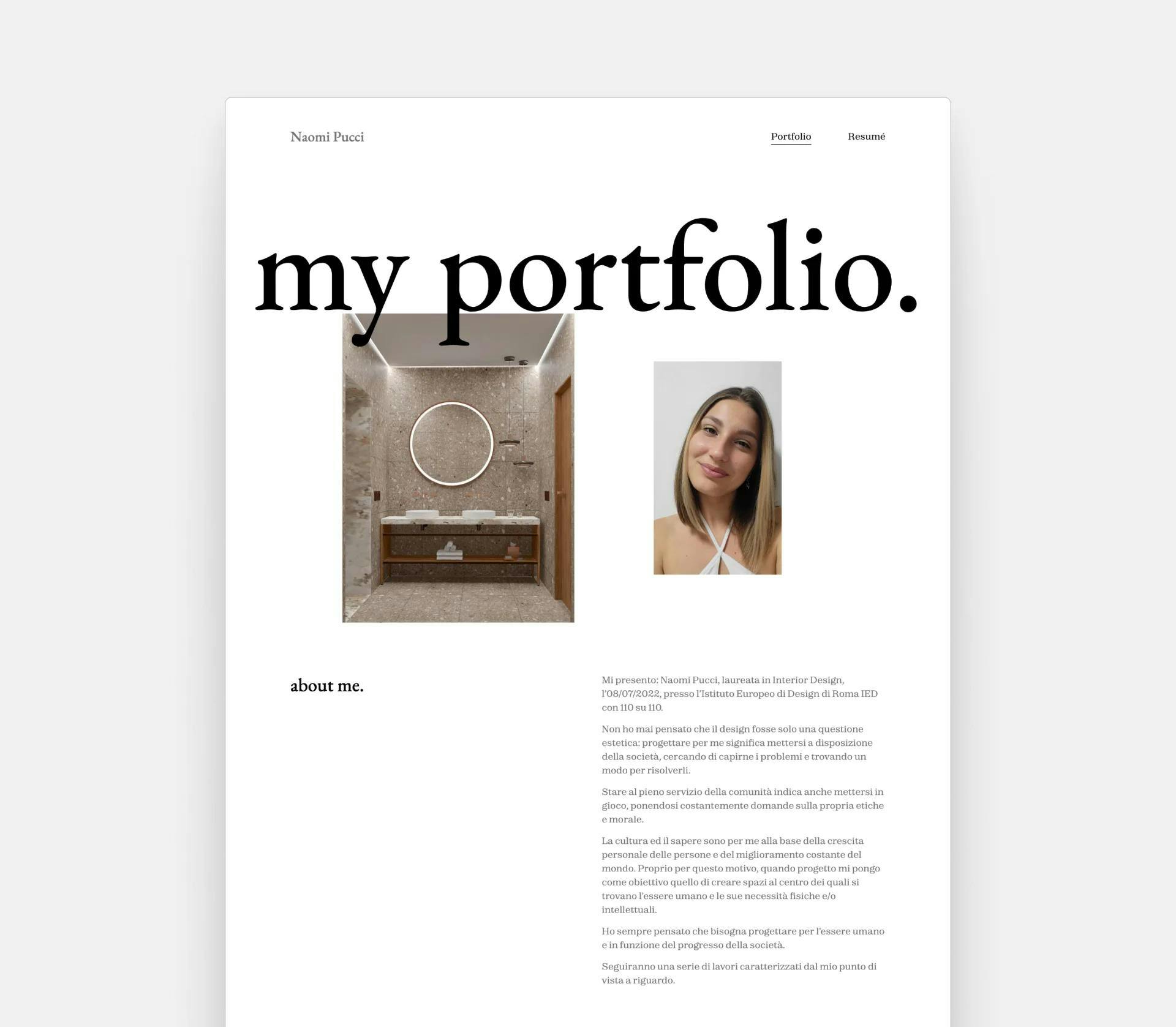 Screenshot of Naomi Pucci's interior website, featuring a render and her profile picture right at the top