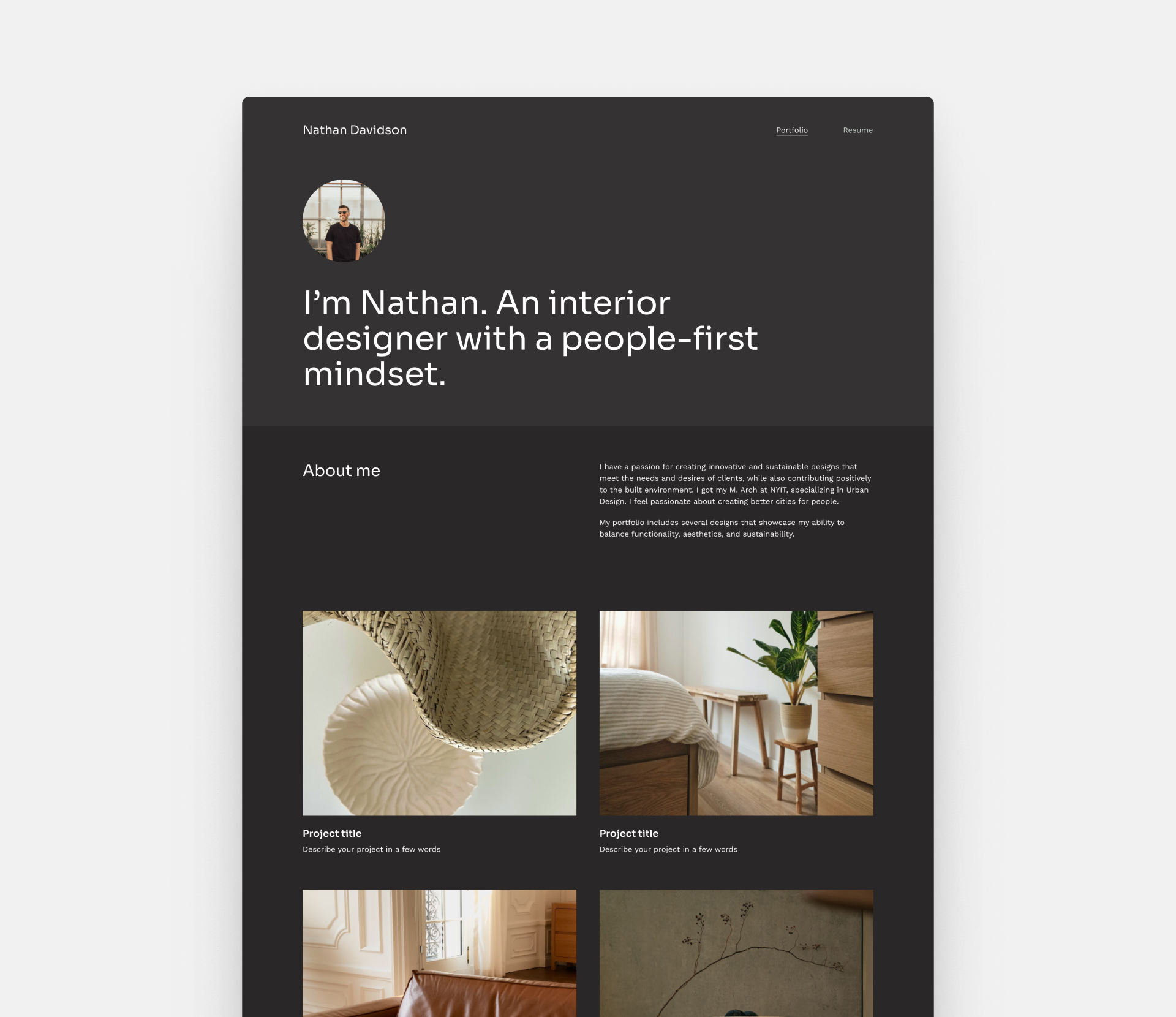 Screenshot of an interior design website template on a gray background. The template's hero has a solid color background and a profile picture of a man.