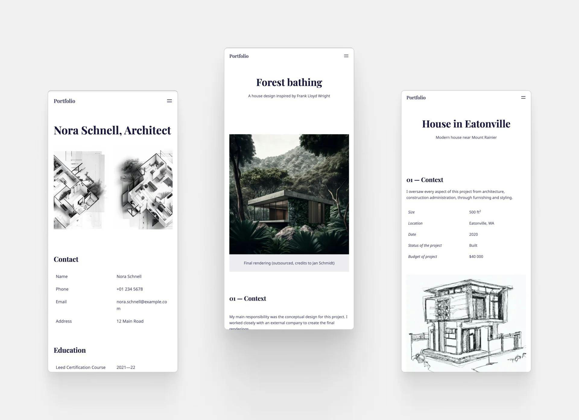 Screenshots on in a mobile mockup of three portfolio pages