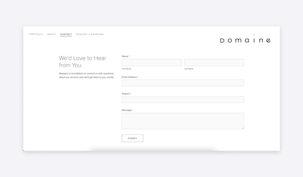 Domaine interior design website contact form