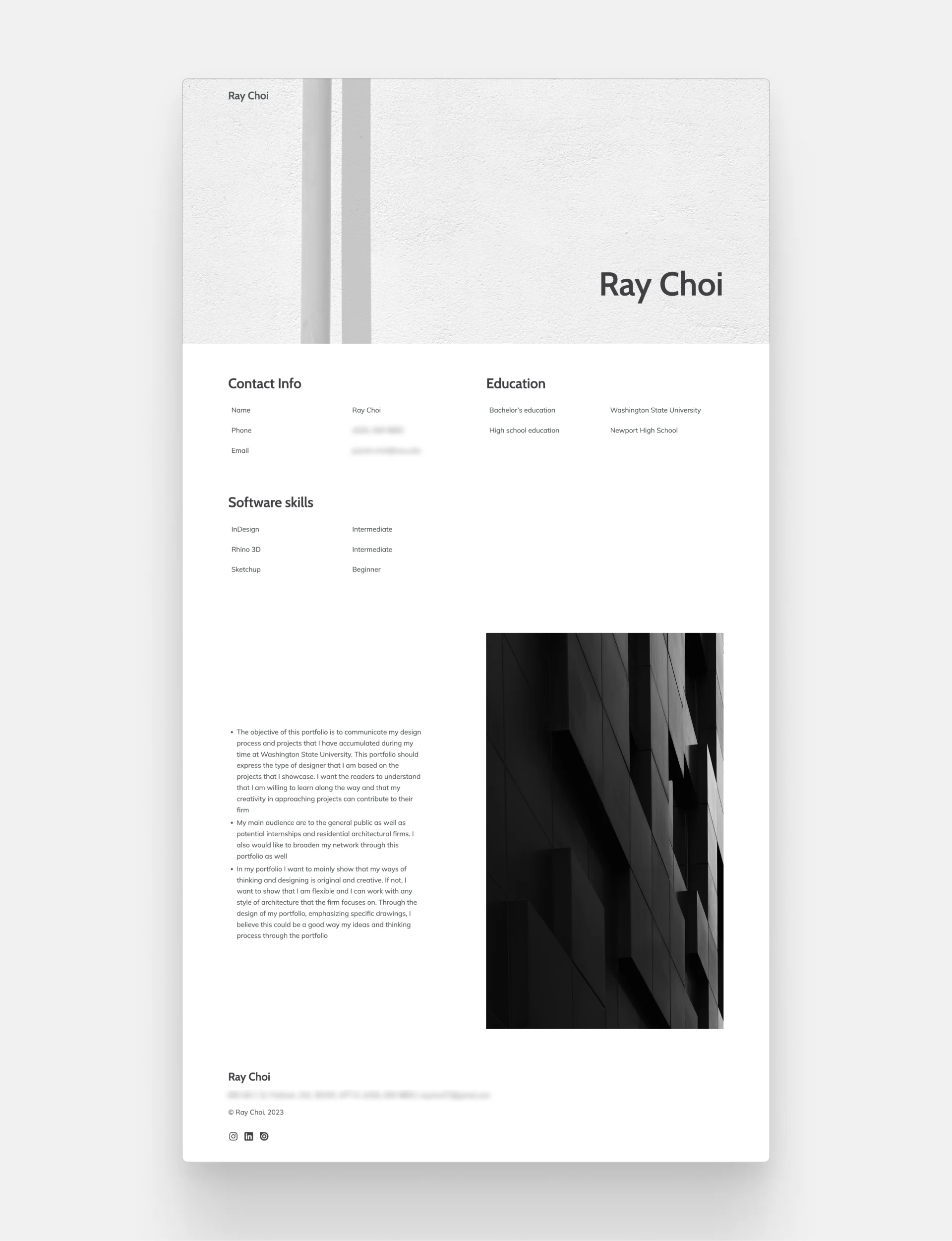 Work experience section of Ray Choi's resume. Hero image of a shadow in the beginning, simple and clean design in the rest of the resume