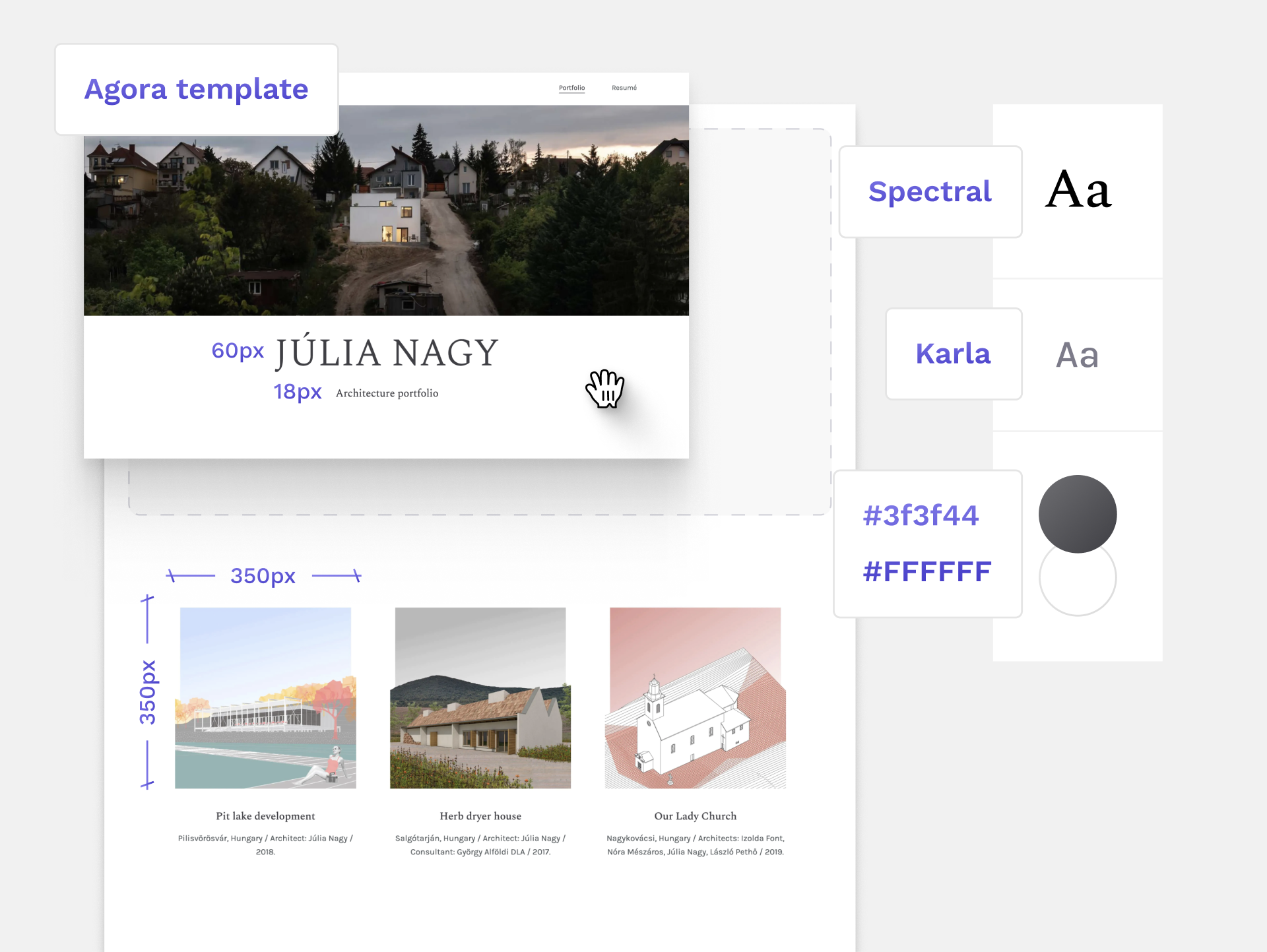 Recreate Júlia Nagy's architecture website design. Colors, font types and sizes are included in this picture.