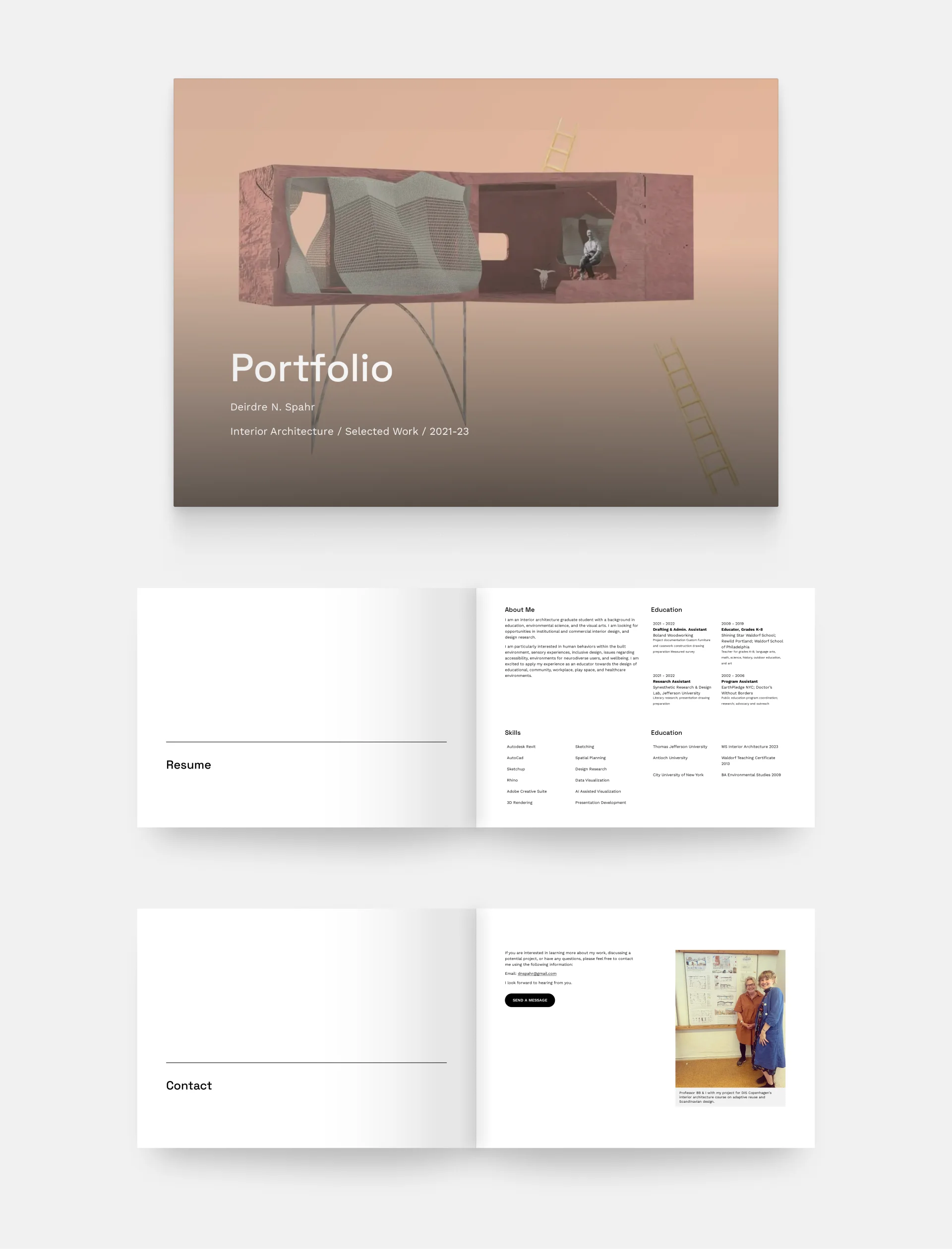 The architecture portfolio cover and 4 pages from Deirdre Spahr's portfolio