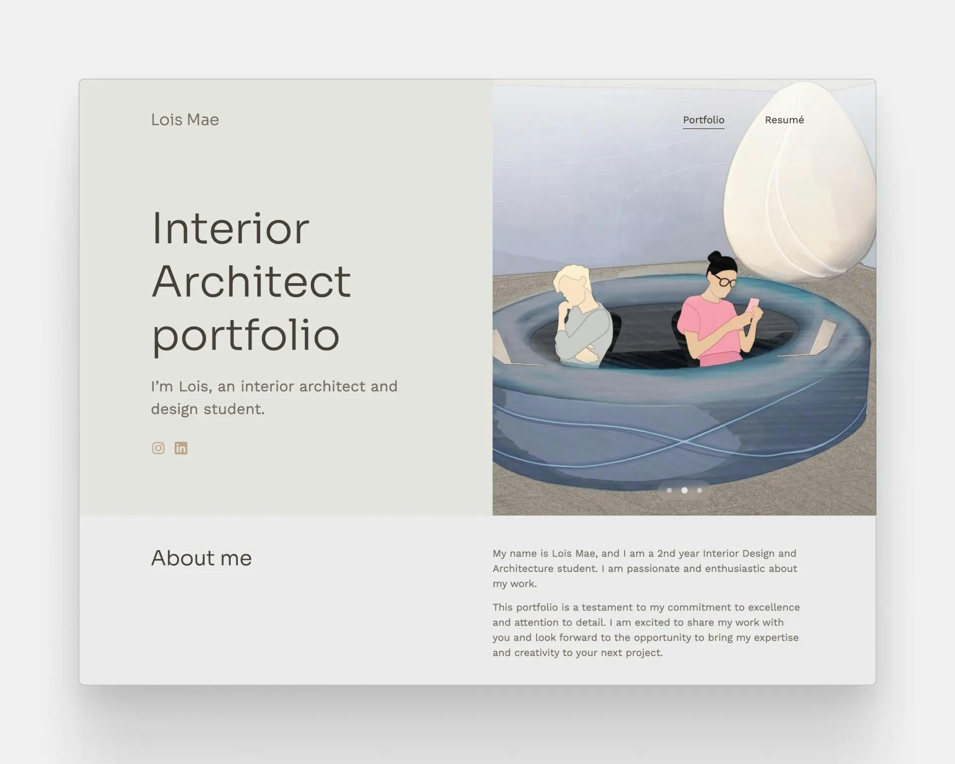 Screenshot of Lois Mae's interior architecture portfolio featuring their stunning hand renderings right in the hero