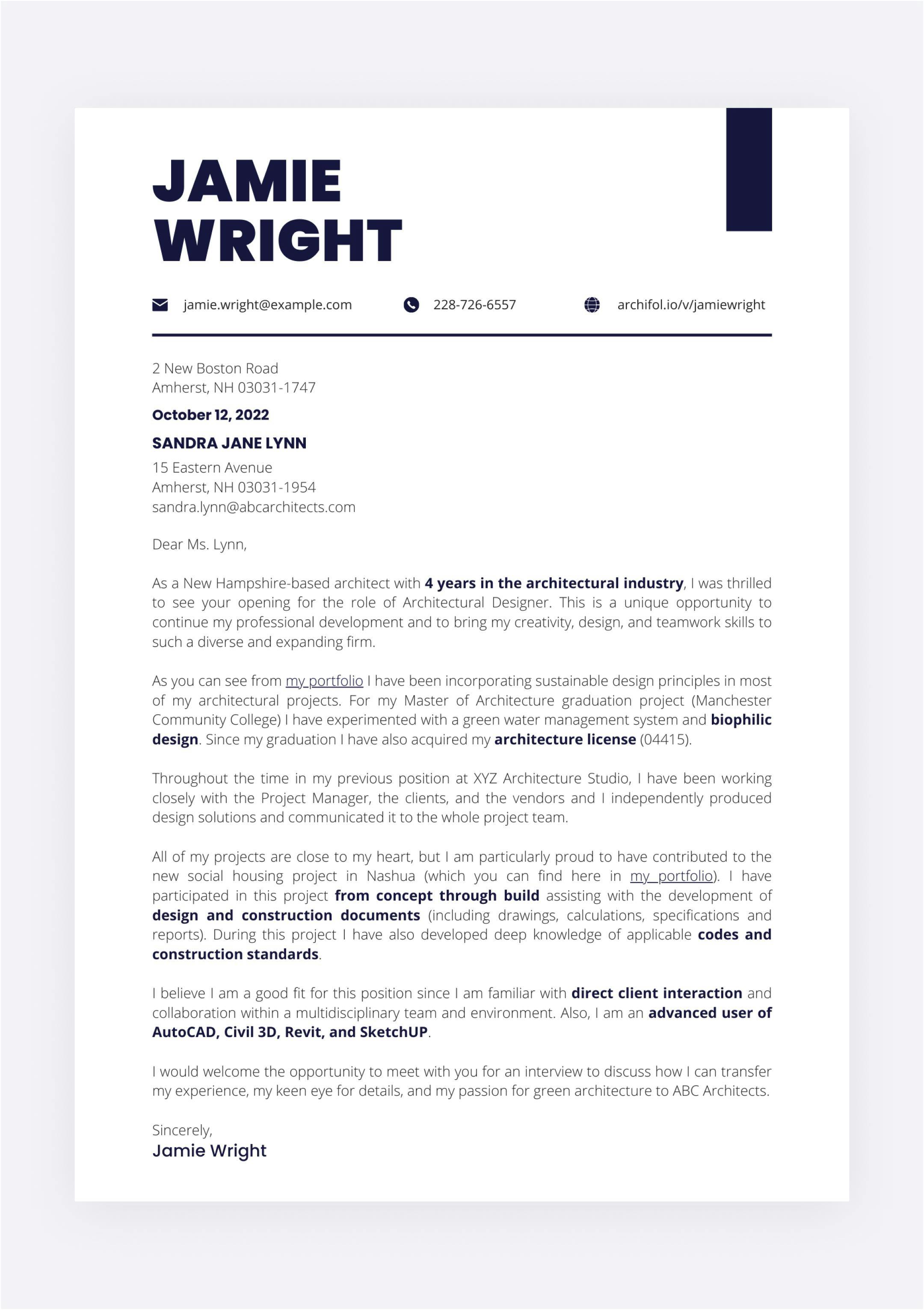 A cover letter example for architects. It has a minimal design almost black and white.