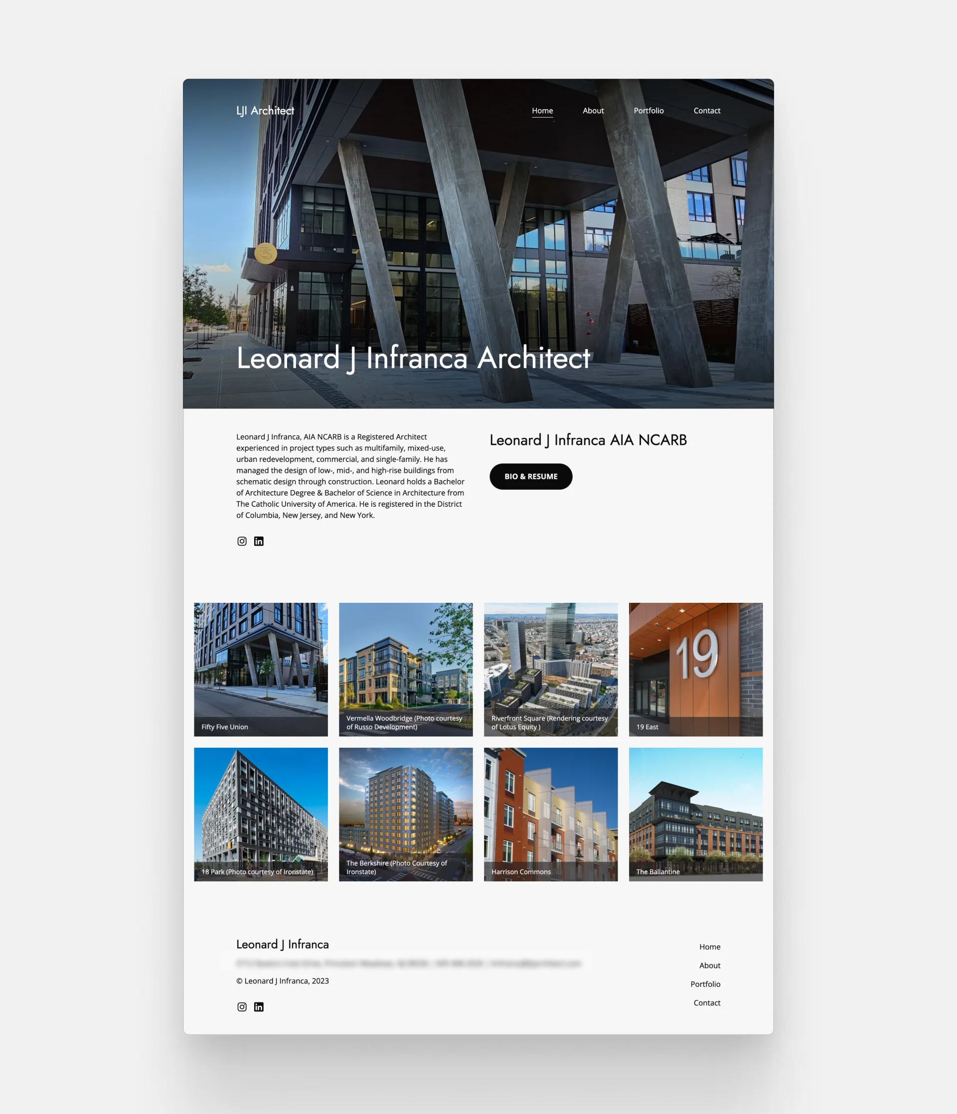 Screenshot of Leonard J Infranca's architecture portfolio. It starts with a large cover image of one of his skyscraper projects, and then, after a short introduction, he dives into his projects. He showcased 8 of his best projects with impressive thumbnails.